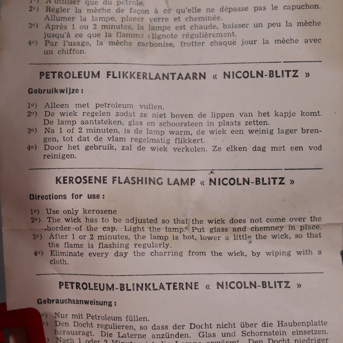 NOS Vintage Nicoln Flashing Oil Lamp – Road Worker Lantern with Original Manual showing kerosene lamp instructions in multiple languages
