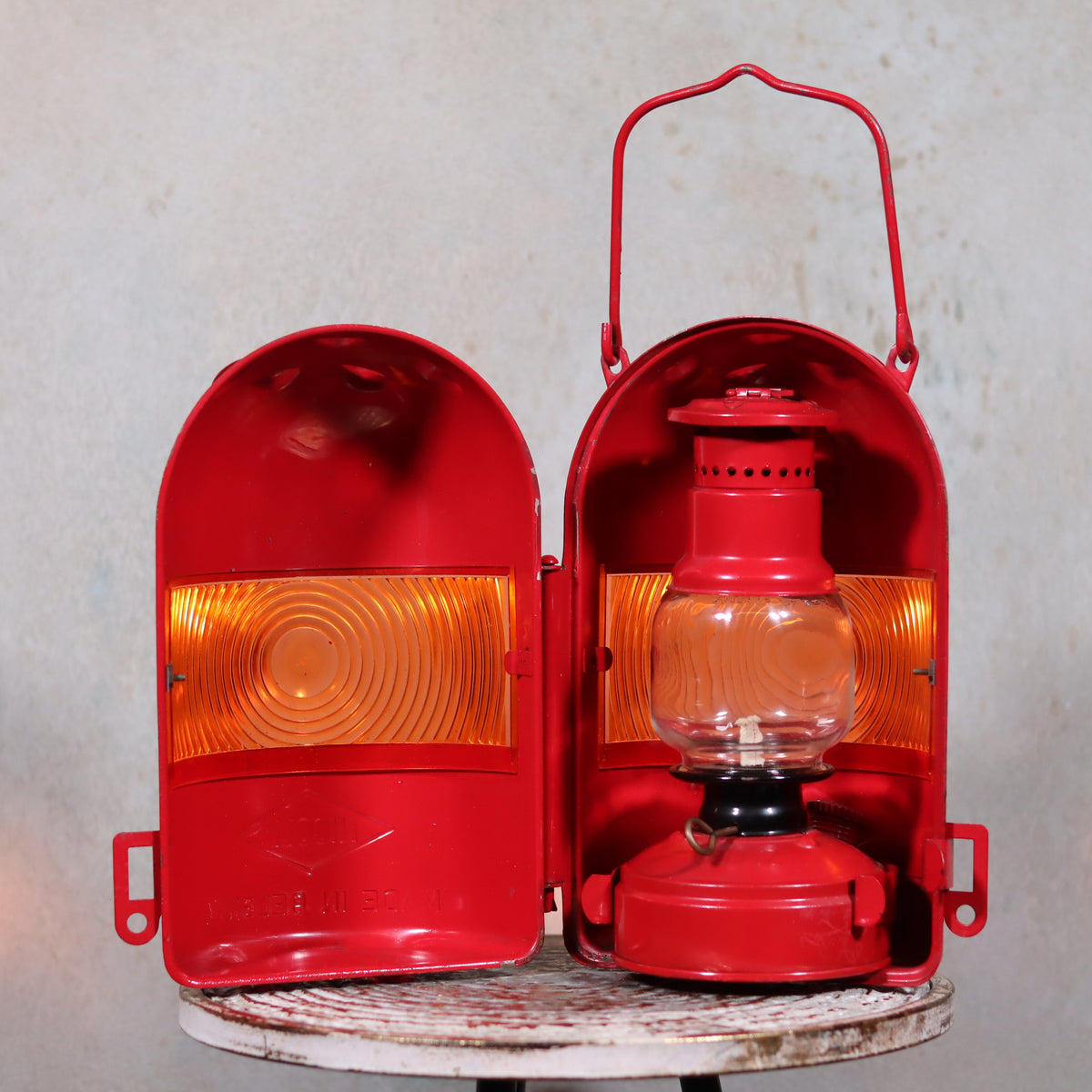 NOS Vintage Nicoln Flashing Oil Lamp – Road Worker Lantern with Original Manual in bright red housing with glass fuel chamber