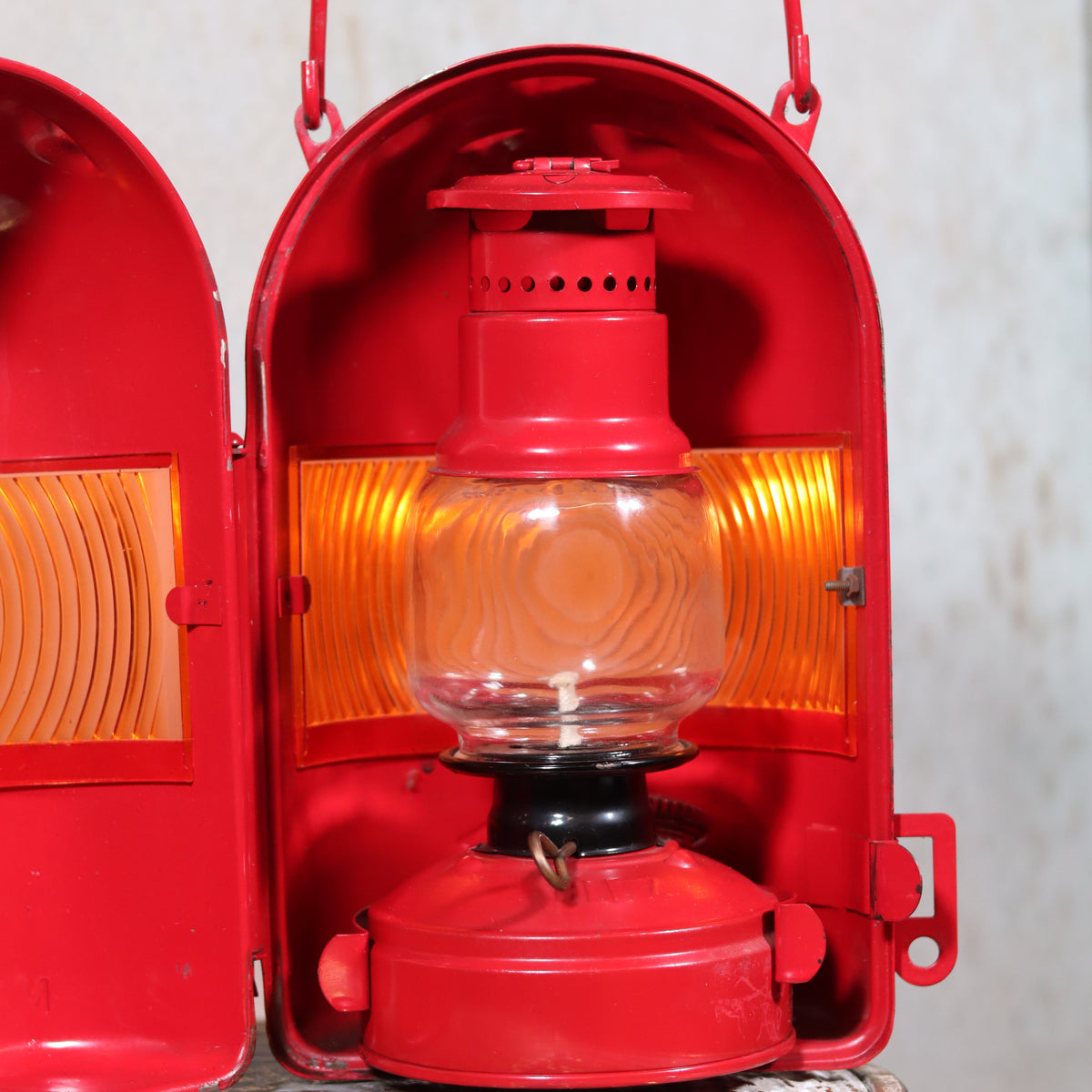 NOS Vintage Nicoln Flashing Oil Lamp – Road Worker Lantern with Original Manual glowing inside its red metal case