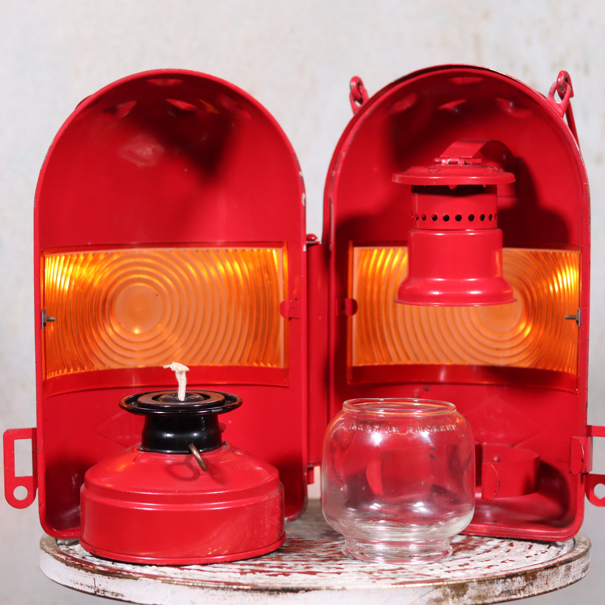 NOS Vintage Nicoln Flashing Oil Lamp – Road Worker Lantern with Original Manual showing lamp parts and red casing open