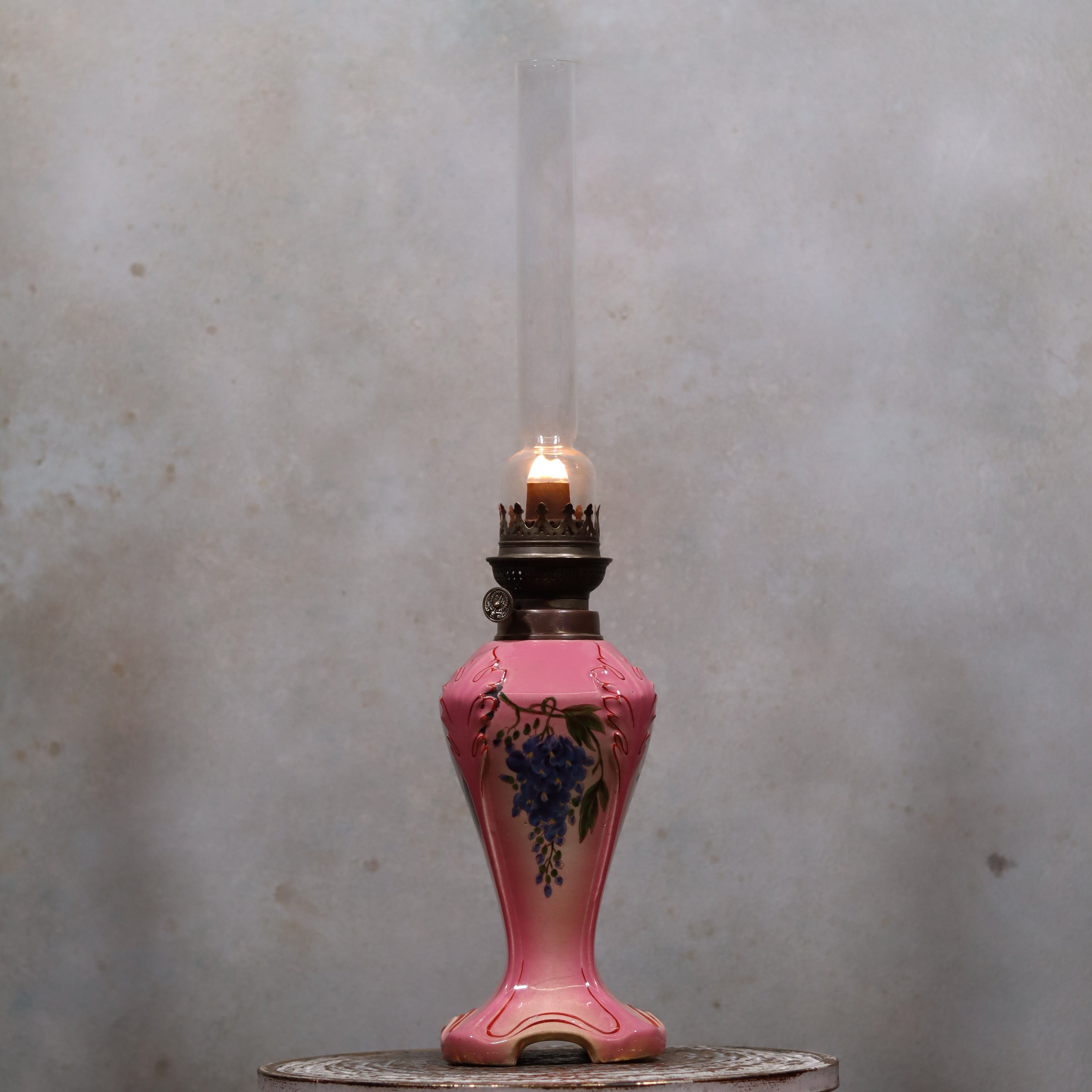 Elegant Vintage Porcelain Oil Lamp – Pink with Grape Motif – Hugo Schneider Burner – 1930s lit with smoke