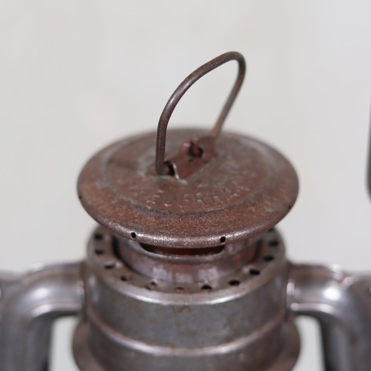 Vintage Feuerhand 176 Hurricane Lantern – 1960s – Superb Condition with Blue Glass & Reflector showing rusted metal top handle detail