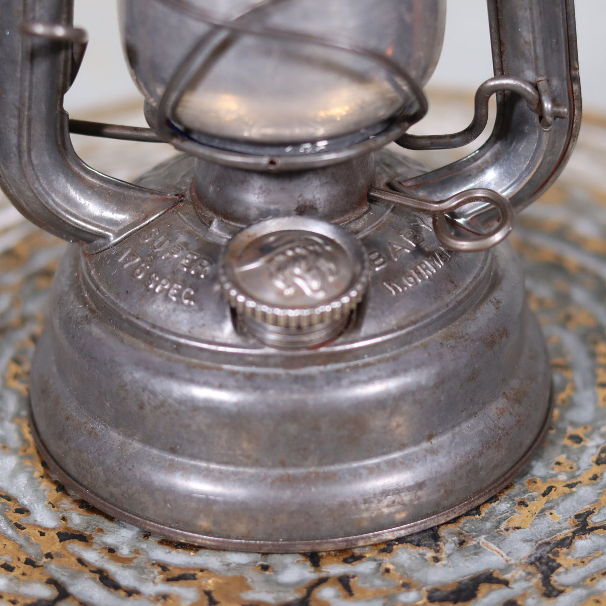 Vintage Feuerhand 176 Hurricane Lantern – 1960s oil lamp base with detailed metalwork in superb condition close-up view