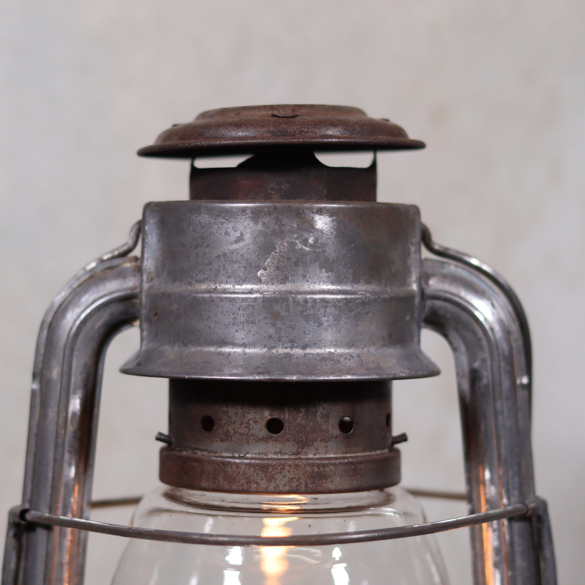Vintage French Royalux Hurricane Lantern – Rare Glass Lift & Cage oil lamp with aged metal and classic design 27 cm tall