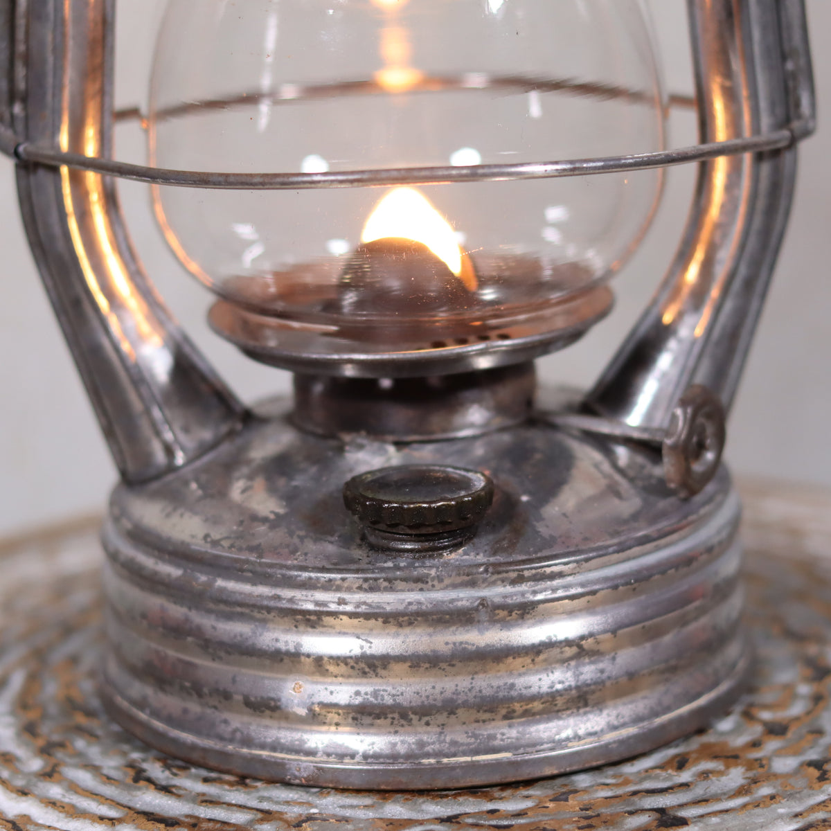 Vintage French Royalux Hurricane Lantern – Rare Glass Lift & Cage (27 cm) with lit oil lamp flame close-up detail