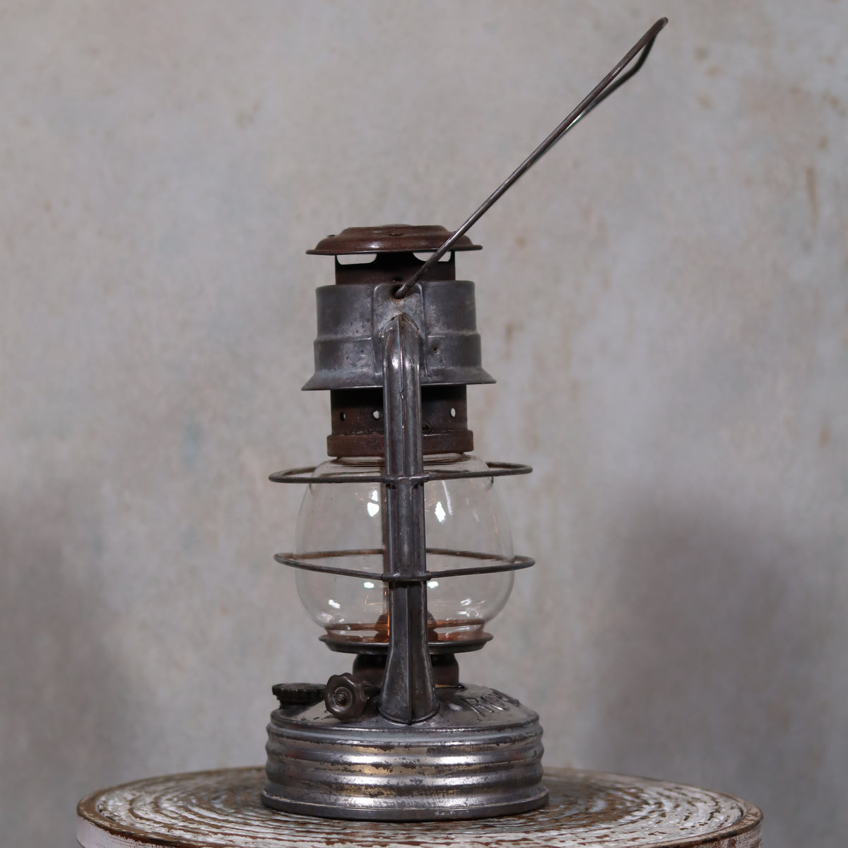 Vintage French Royalux Hurricane Lantern – Rare Glass Lift & Cage (27 cm) oil lamp with metal framework and handle