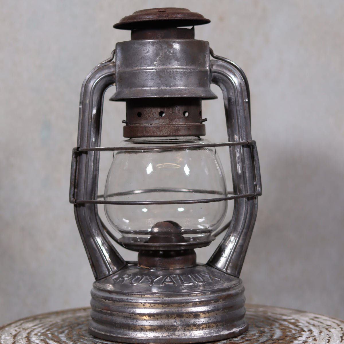 Vintage French Royalux Hurricane Lantern – Rare Glass Lift & Cage oil lamp with metal frame and glass globe, 27 cm height
