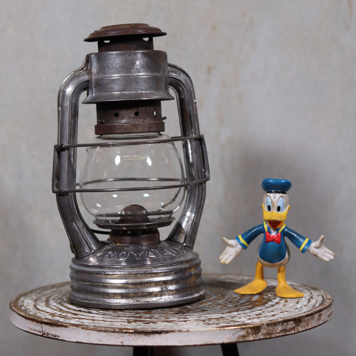 Vintage French Royalux Hurricane Lantern – Rare Glass Lift & Cage oil lamp with metal frame and glass globe, 27 cm tall
