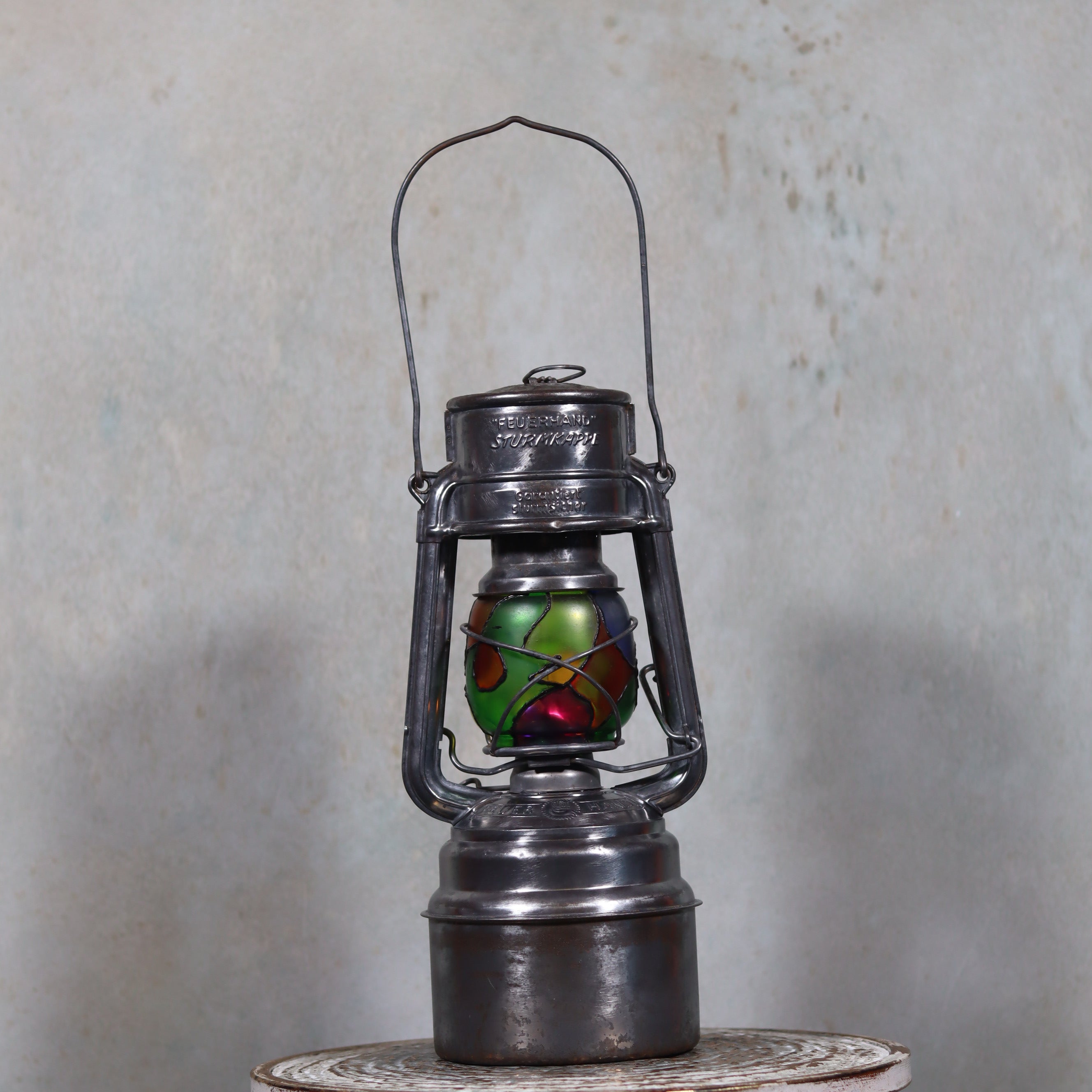 Unique Feuerhand 276 STK/70 Safety Lantern – Vintage German Hurricane Lantern with Stained Glass