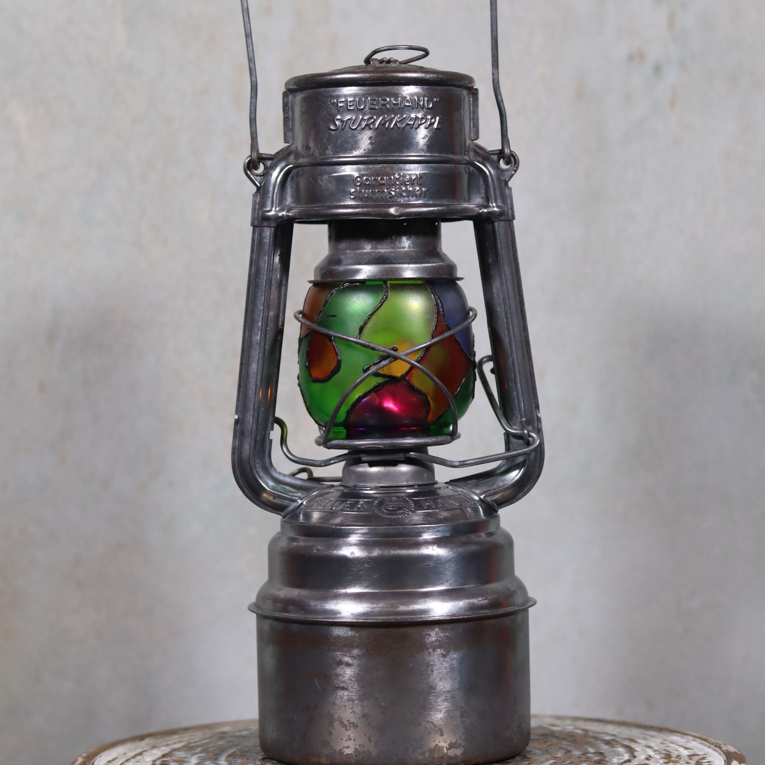 Unique Feuerhand 276 STK/70 Safety Lantern – Vintage German Hurricane Lantern with Stained Glass