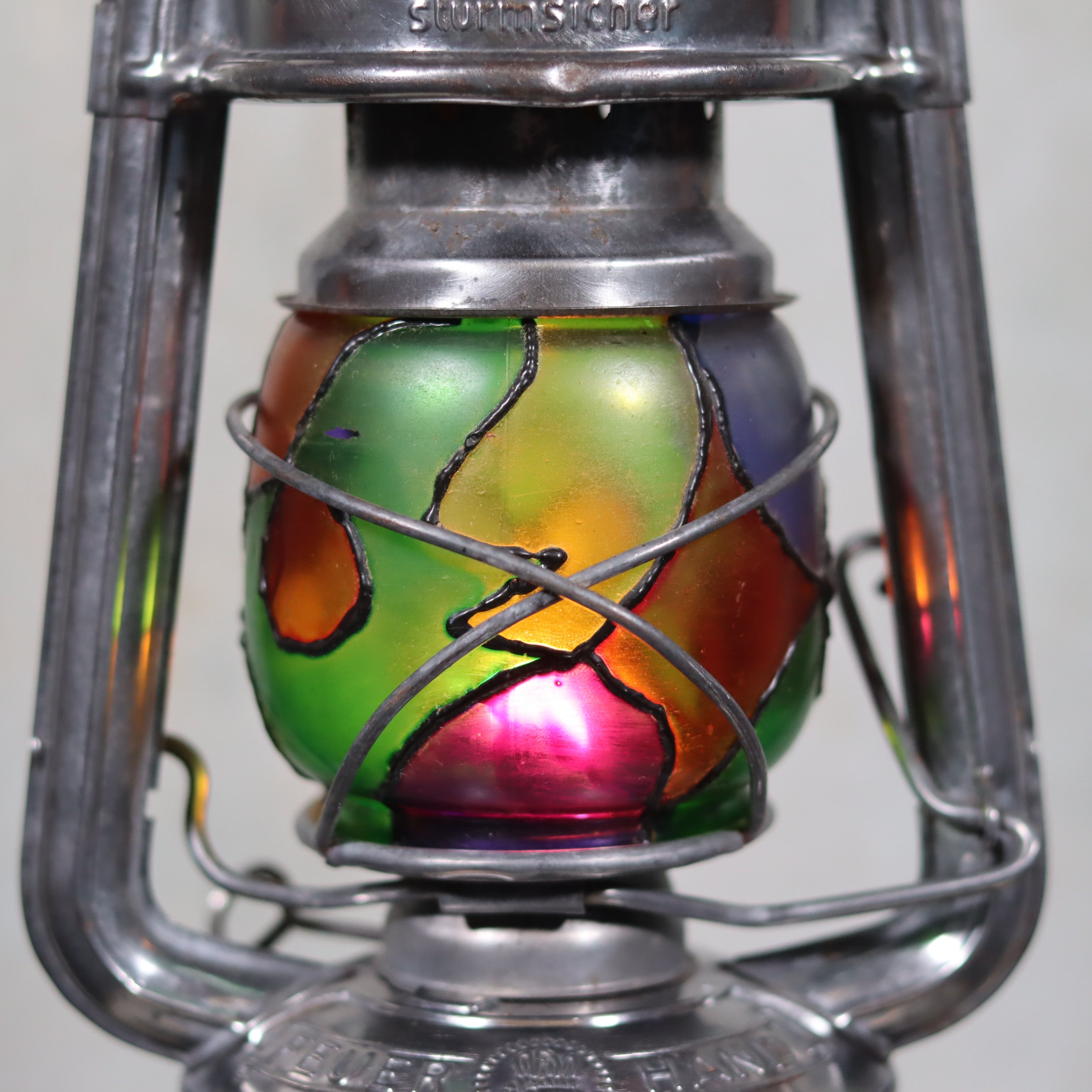 Unique Feuerhand 276 STK/70 Safety Lantern – Vintage German Hurricane Lantern with Stained Glass