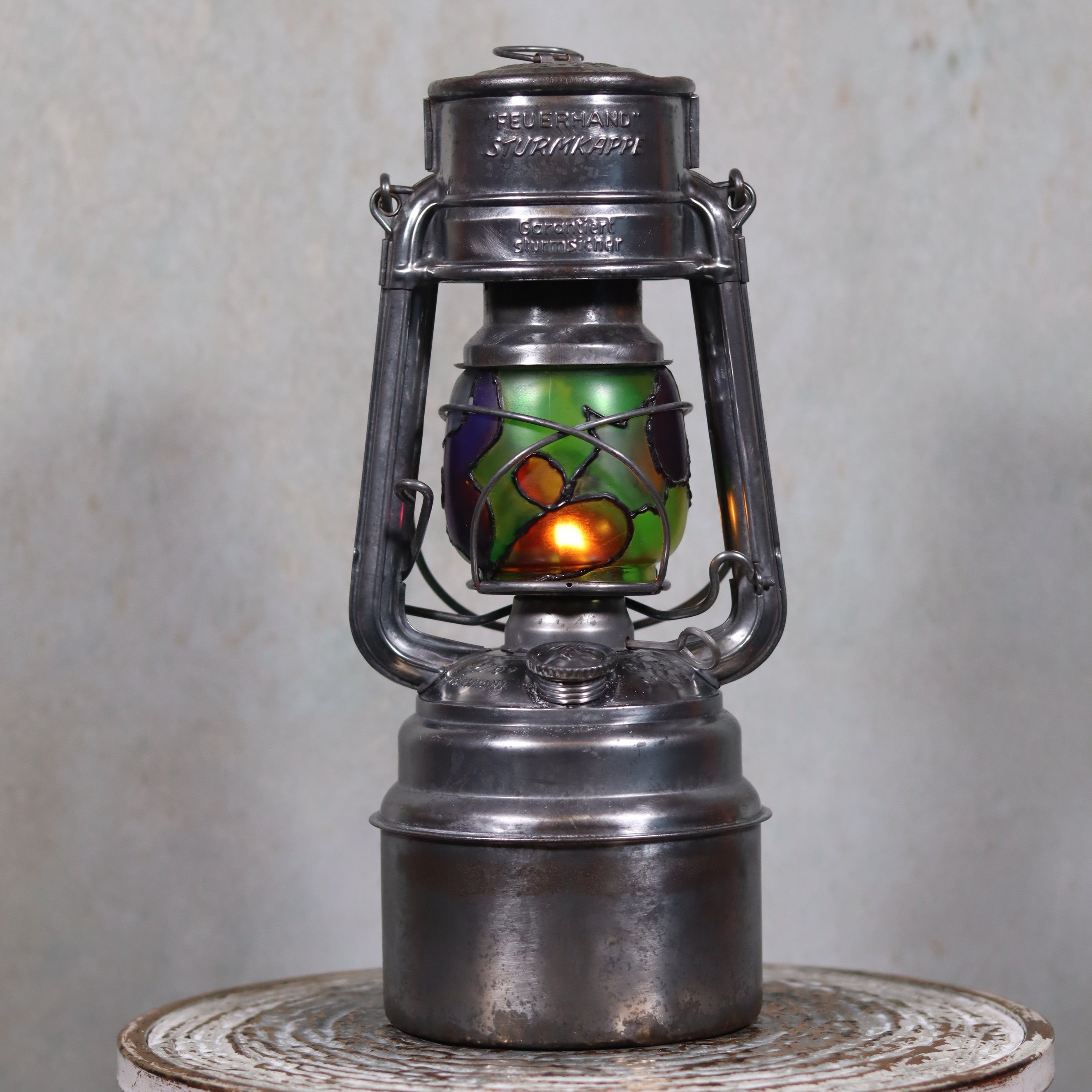 Unique Feuerhand 276 STK/70 Safety Lantern – Vintage German Hurricane Lantern with Stained Glass