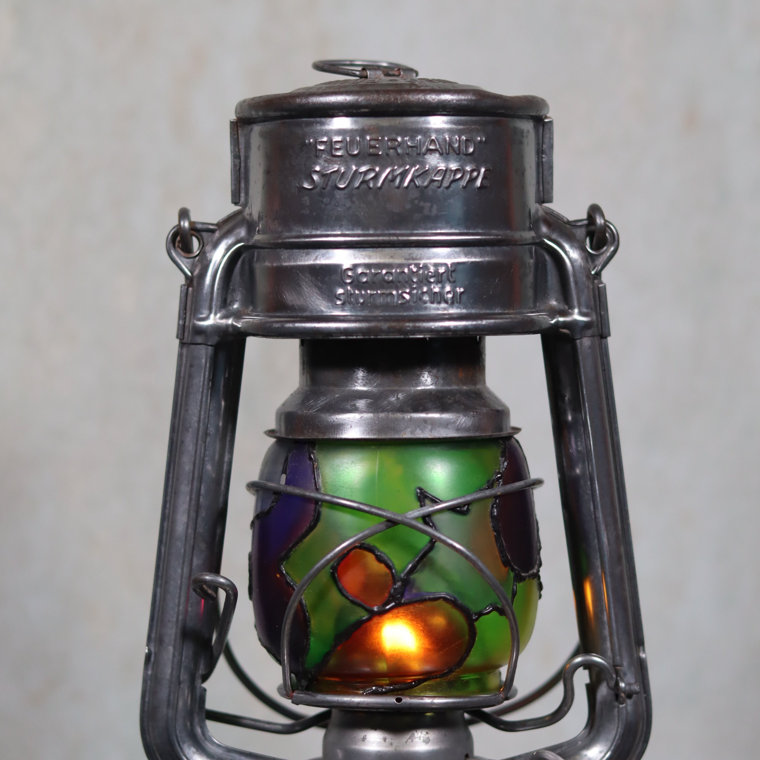 Unique Feuerhand 276 STK/70 Safety Lantern – Vintage German Hurricane Lantern with Stained Glass