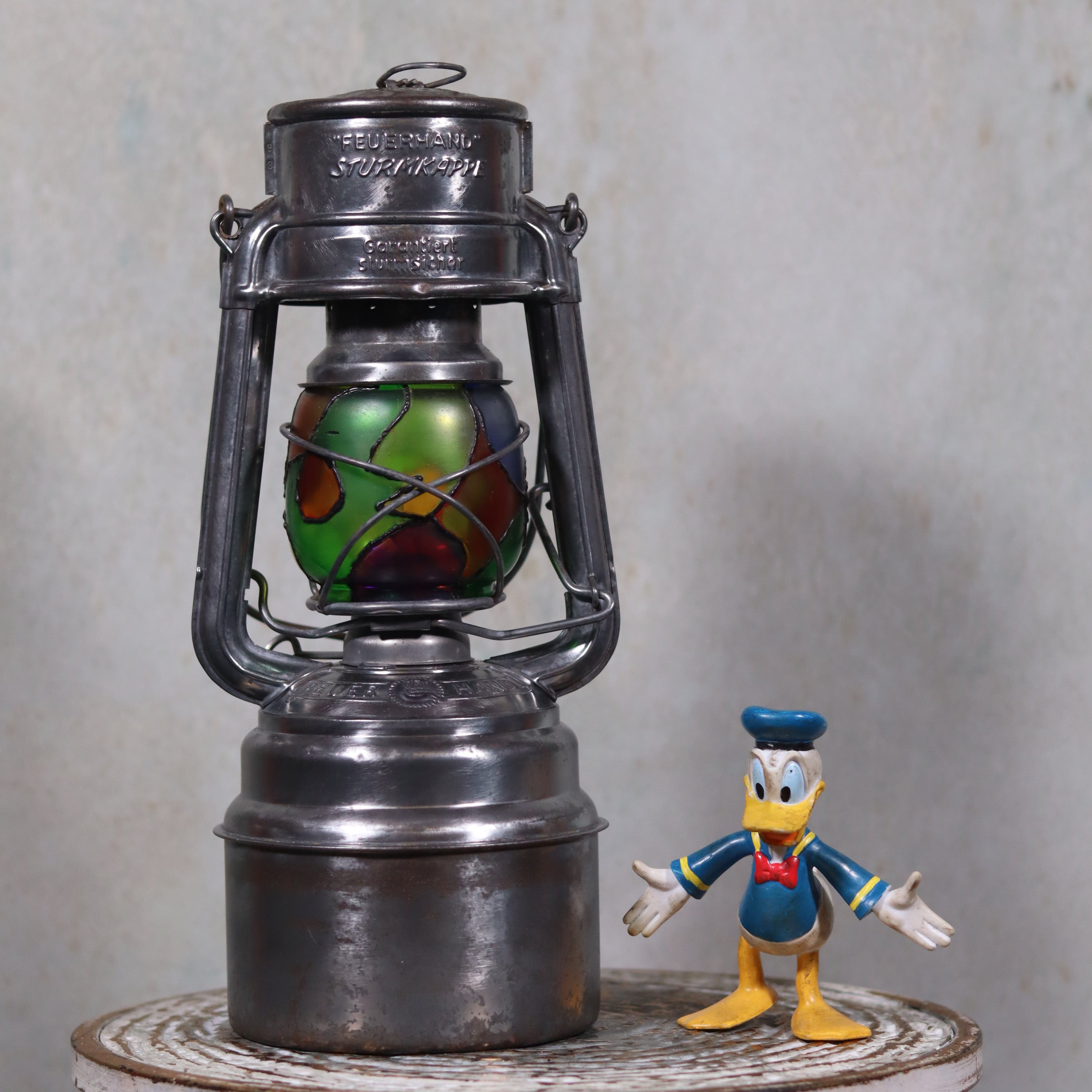 Unique Feuerhand 276 STK/70 Safety Lantern – Vintage German Hurricane Lantern with Stained Glass