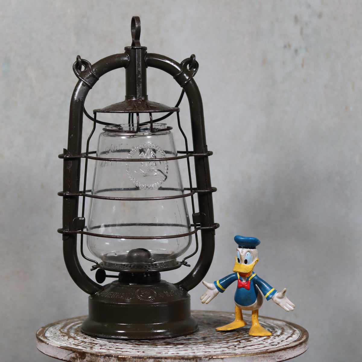 Vintage Feuerhand 323 Storm Lantern – Late 1930s, Original Paint & Embossed Glass oil lamp with protective metal frame and embossed glass design