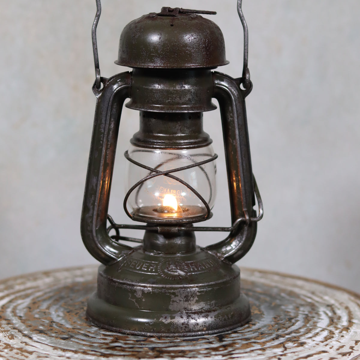 Rare Feuerhand 176 Storm Lantern – “Pilzkopf” Design with Original Glass (1940s) vintage oil lamp with lit flame