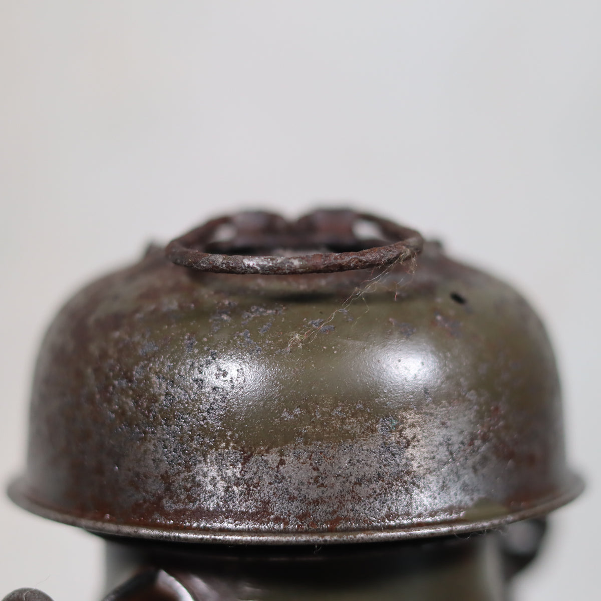 Rare Feuerhand 176 Storm Lantern – “Pilzkopf” Design with Original Glass (1940s) showing rusted metal top of oil lamp