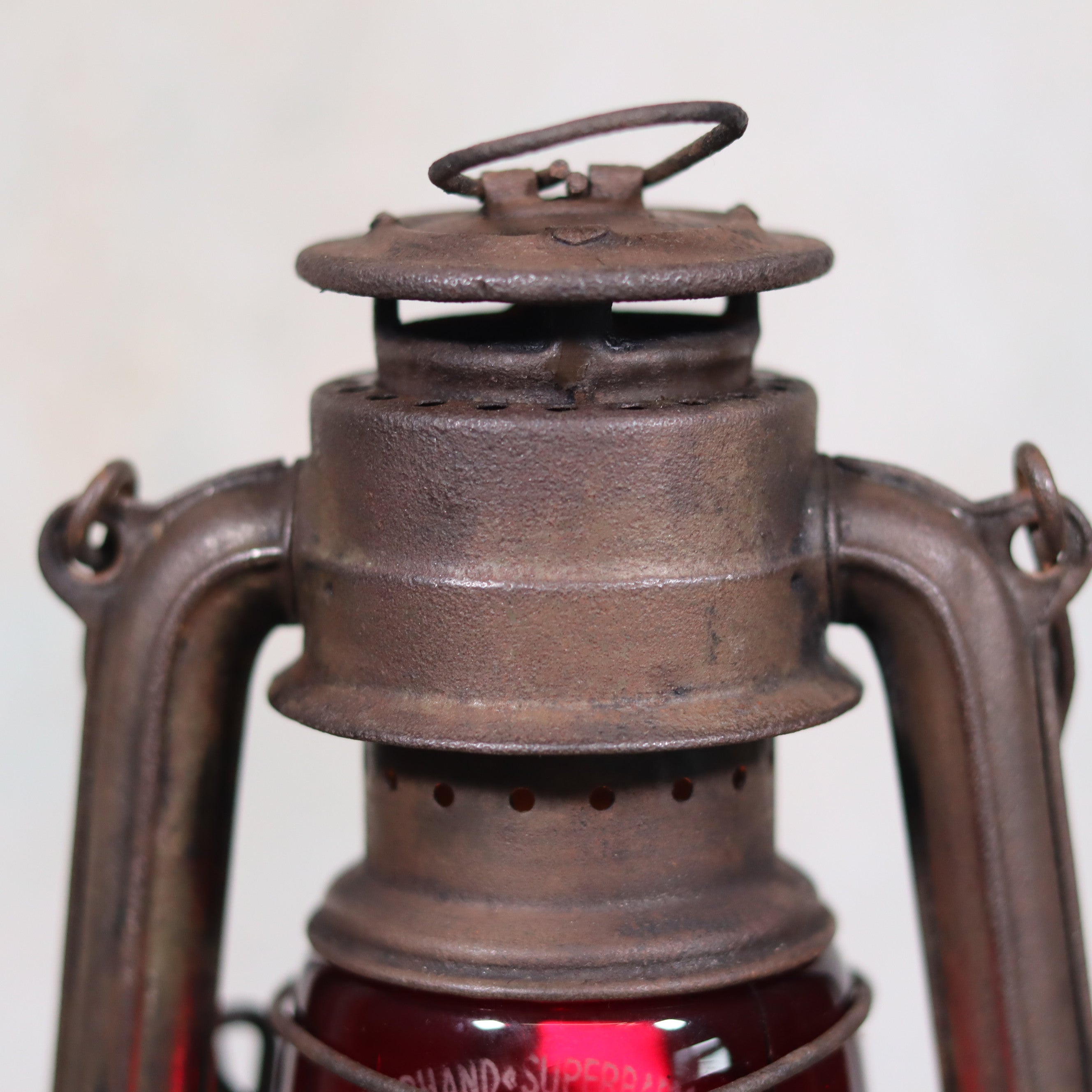 Vintage Pre-War Storm Lantern – Feuerhand 175 (1930s) with Red Glass antique oil lamp close-up detail
