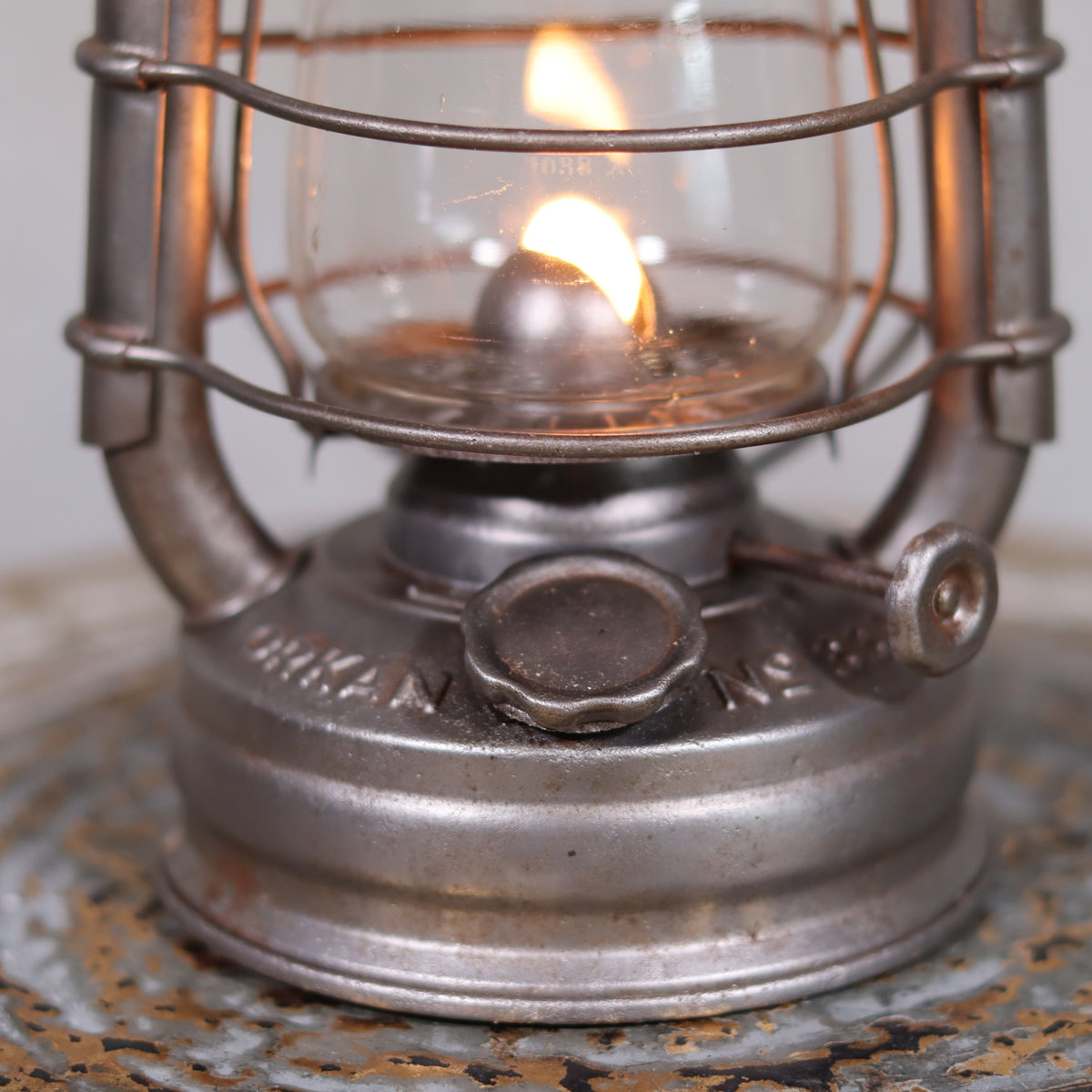 Close-up of the metal oil lamp wick holder on the Extremely Rare Pre-War Storm Lantern – Hasag Orkan No. 333 (1937–1939)