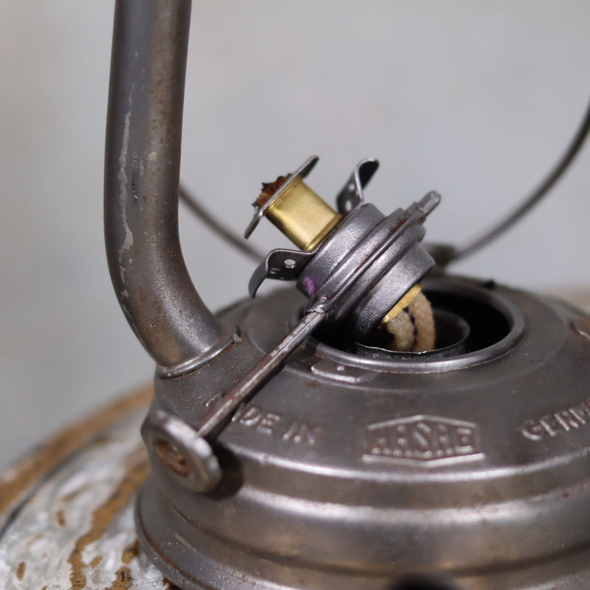 Close-up of the oil burner mechanism on the Extremely Rare Pre-War Storm Lantern – Hasag Orkan No. 333 (1937–1939)