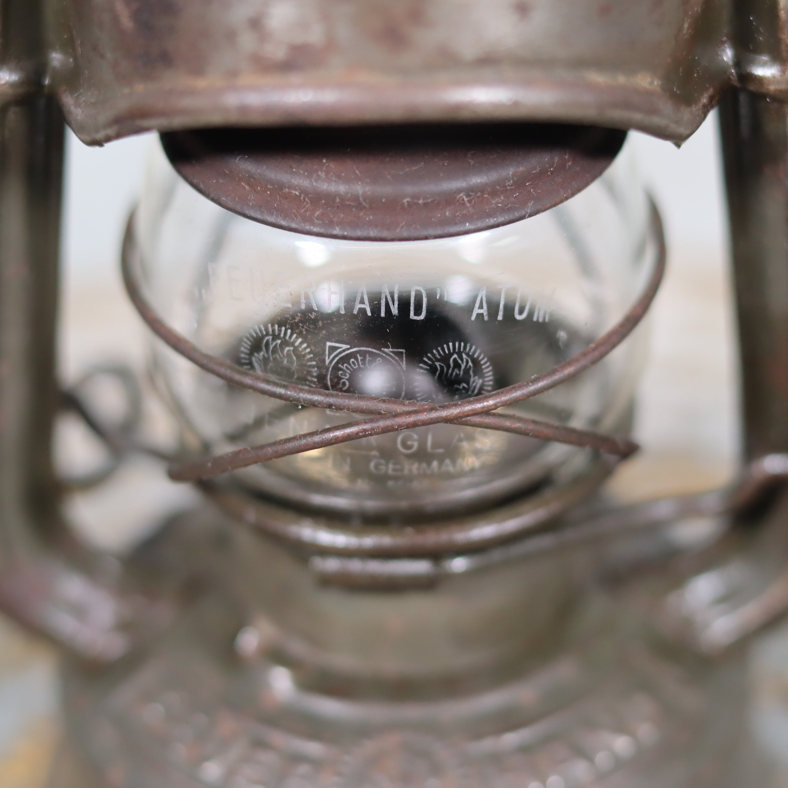 Close-up of the oil lamp glass of the Beautiful and Functional Feuerhand “Atom 75 STK” Storm Lantern – Pre-War, Late 1930s to Early 1940s
