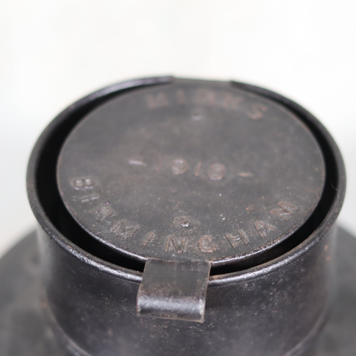 Fantastic and Rare Trench Lantern by Hinks Birmingham – 1918 – Complete and Working close-up of oil lamp cap and brand markings.