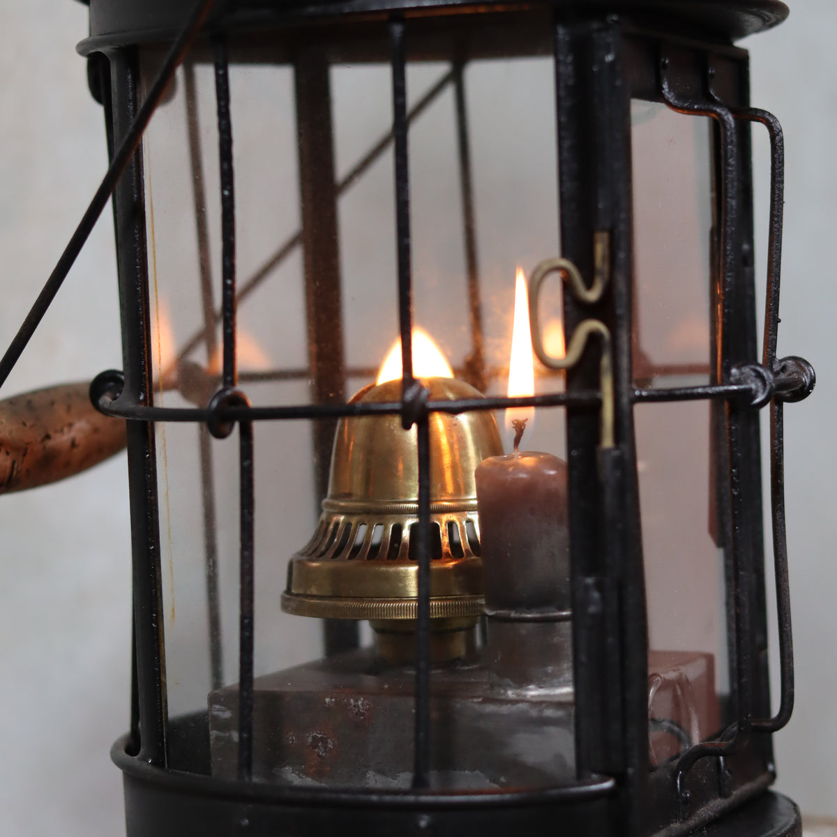 Close-up of oil lamp flame inside the Fantastic and Rare Trench Lantern by Hinks Birmingham – 1918 – Complete and Working
