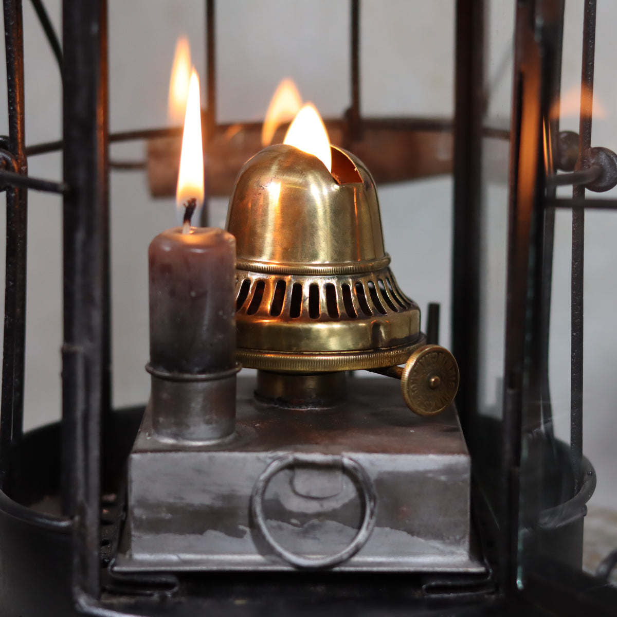 Fantastic and Rare Trench Lantern by Hinks Birmingham – 1918 – Complete and Working oil lamp detail with brass burner and wick flame