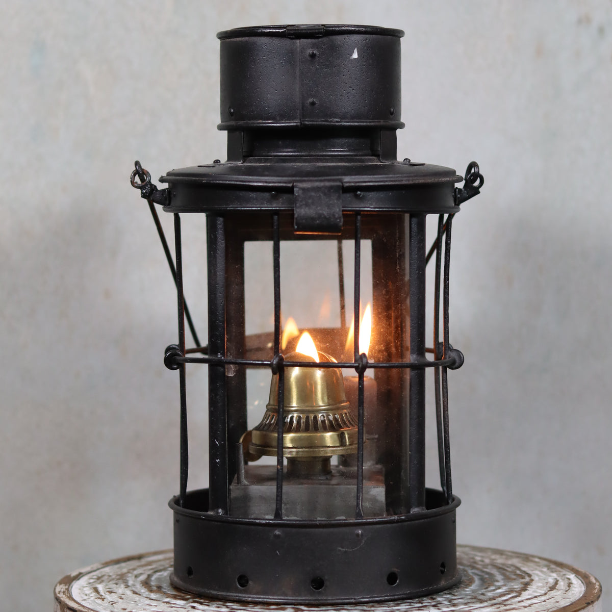 Fantastic and Rare Trench Lantern by Hinks Birmingham – 1918 – Complete and Working oil lamp with flame inside protective metal and glass case