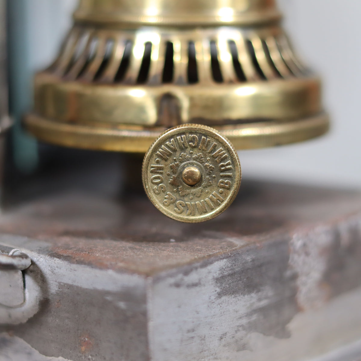 Close-up of oil lamp control knob on Fantastic and Rare Trench Lantern by Hinks Birmingham – 1918 – Complete and Working