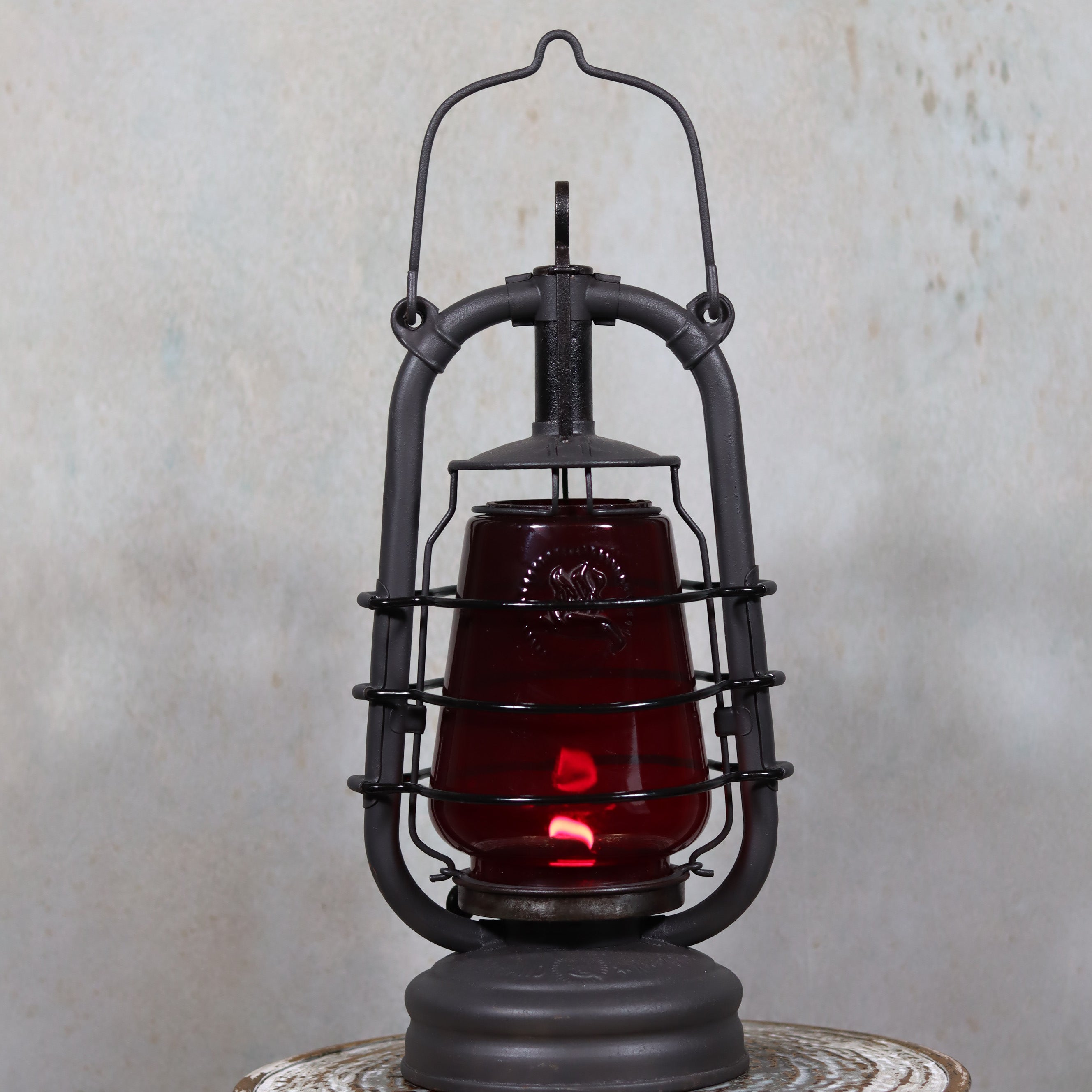 Beautiful Feuerhand 201 Storm Lantern – Germany, 1930s – oil lamp with rare red logo glass and protective metal frame