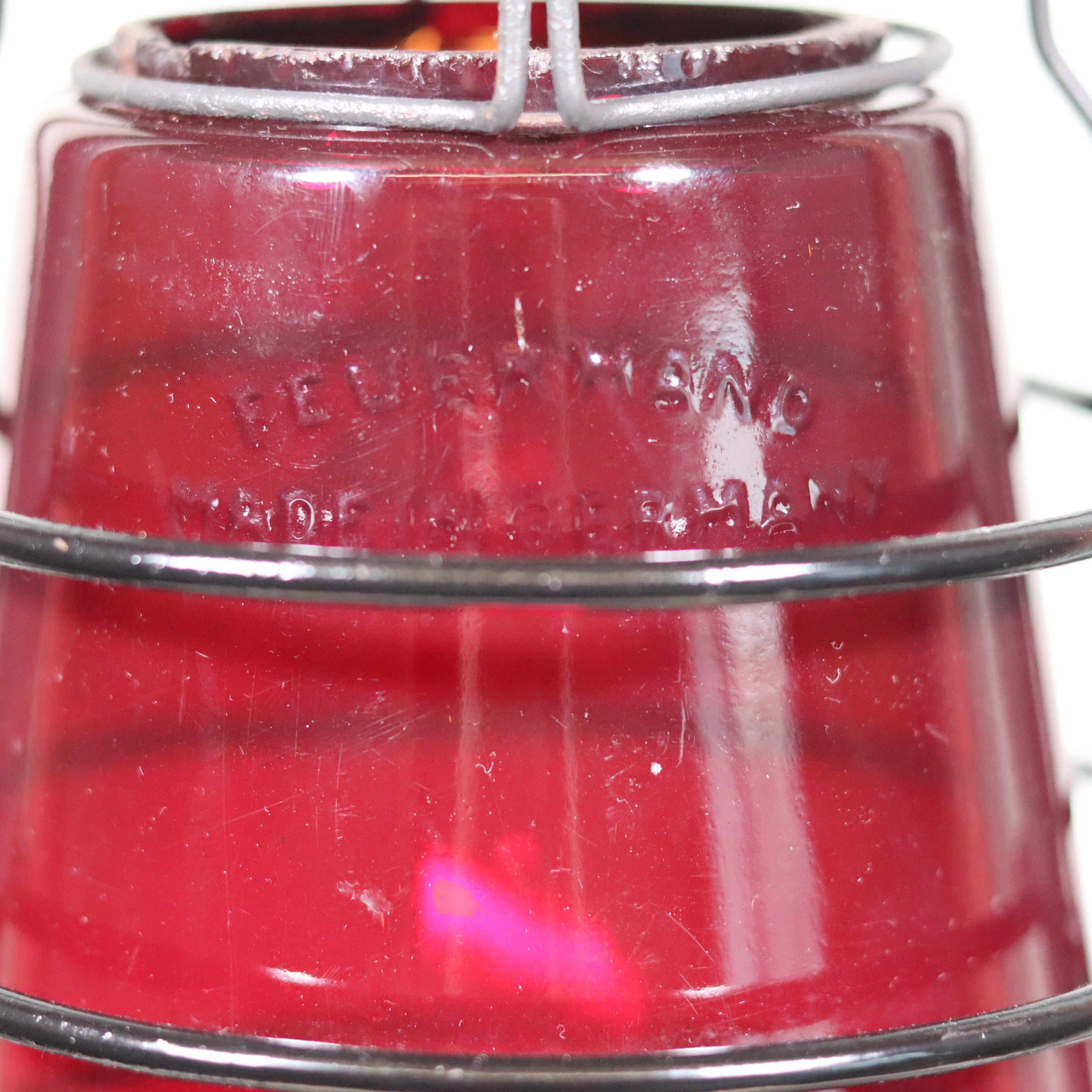 Beautiful Feuerhand 201 Storm Lantern – Germany, 1930s – rare red logo glass detail with metal frame of the oil lamp