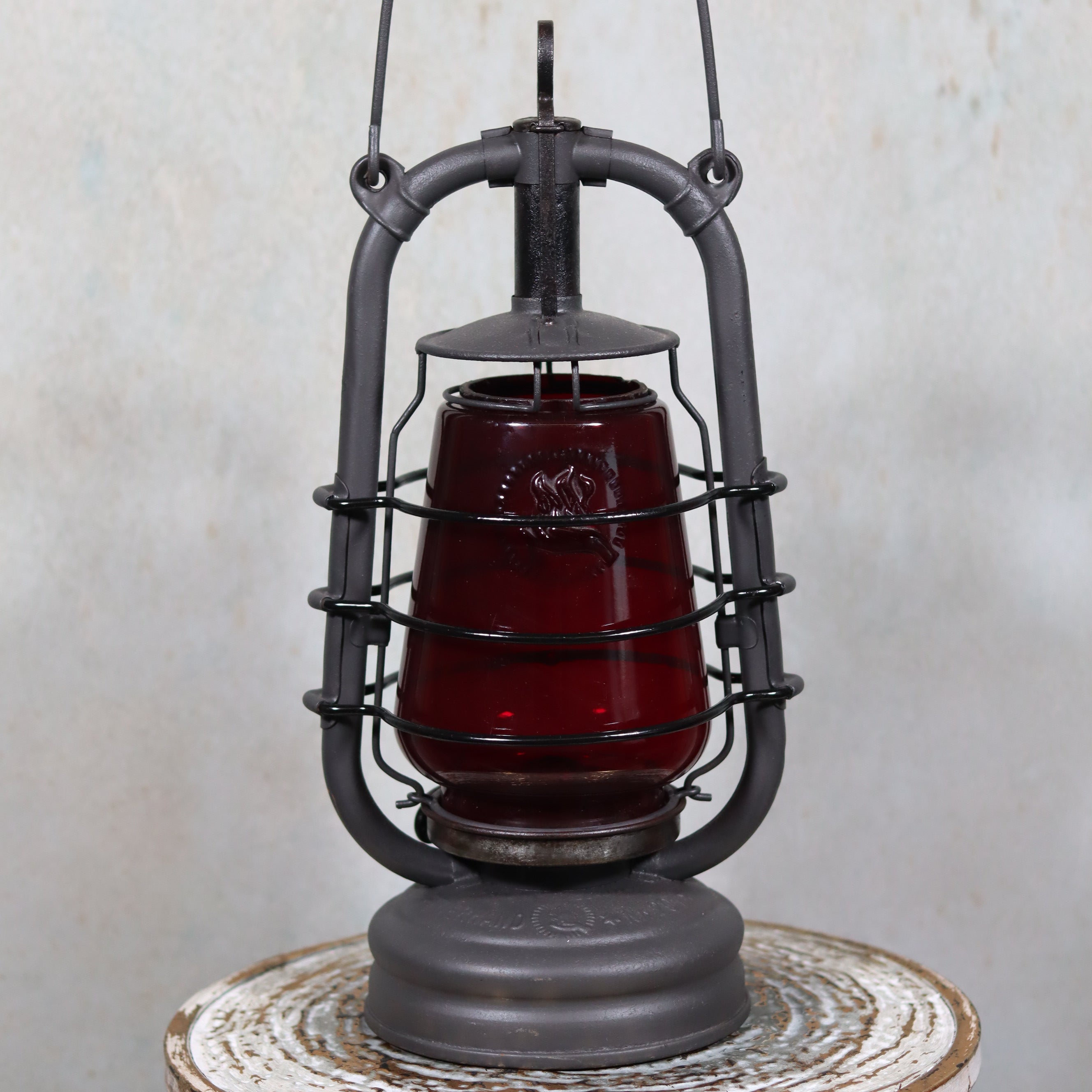 Beautiful Feuerhand 201 Storm Lantern – Germany, 1930s – oil lamp with rare red logo glass and protective metal frame