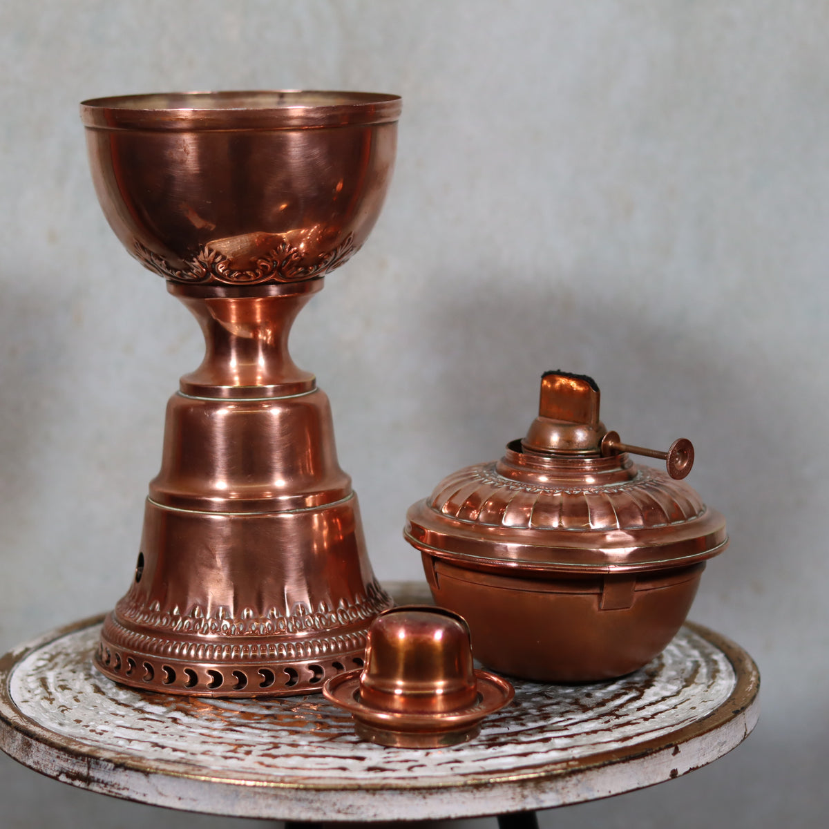 Extremely Rare “Improved Hitchcock Lamp” – Oil Lamp with Integrated Fan – USA, 1895–1905 – Fully Working copper oil lamp set detail