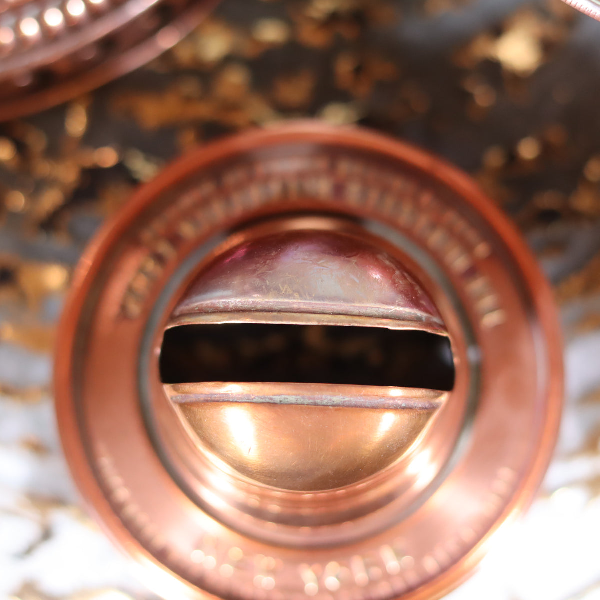 Extremely Rare “Improved Hitchcock Lamp” oil lamp with integrated fan from USA, 1895–1905, fully working copper detail close-up