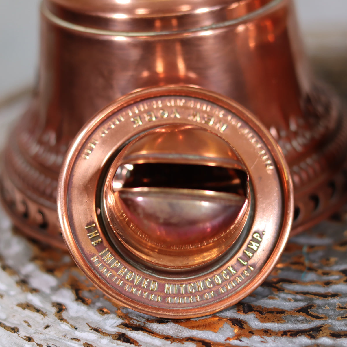 Extremely Rare “Improved Hitchcock Lamp” – Oil Lamp with Integrated Fan close-up showing detailed copper design from USA 1895–1905 Fully Working