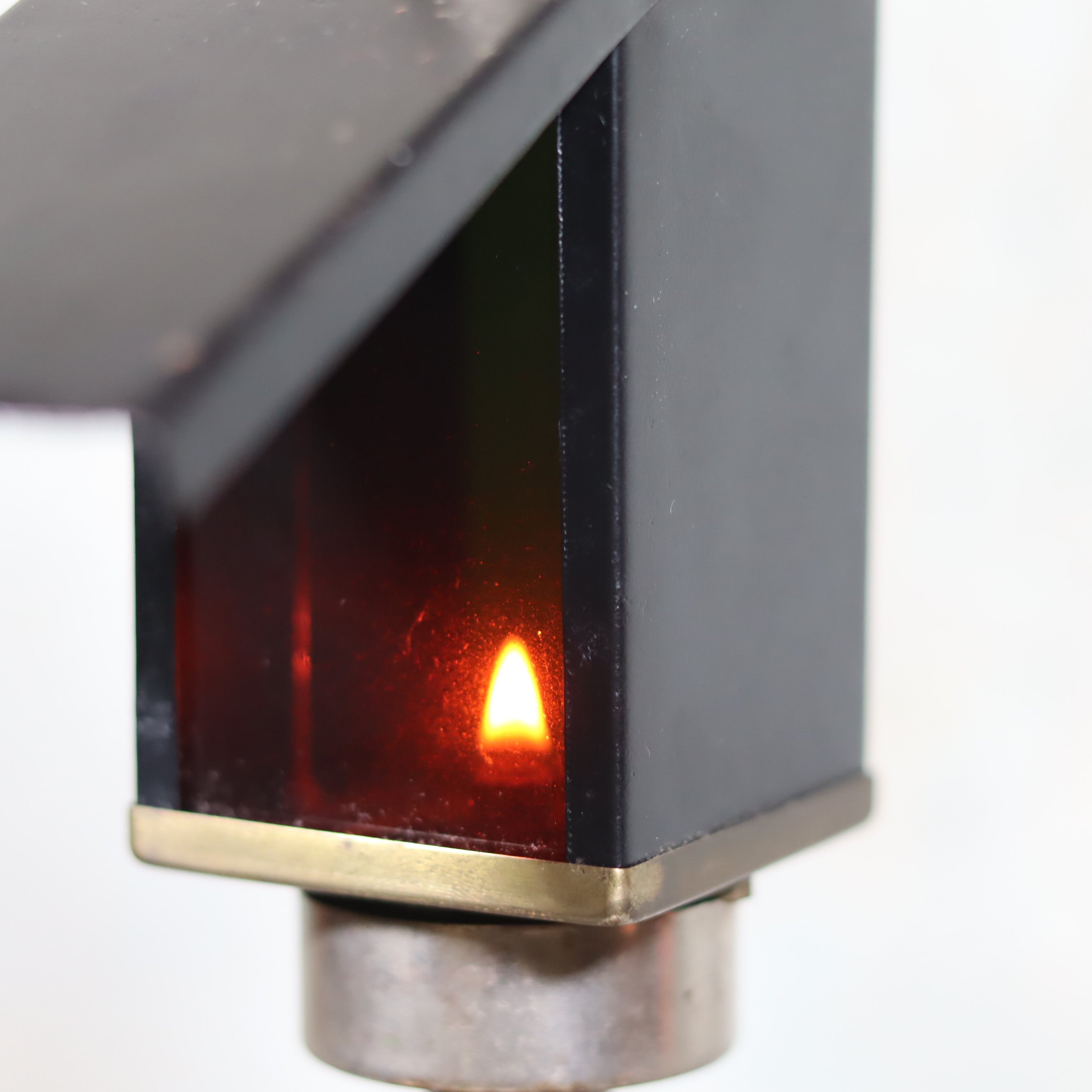 Rare Darkroom Oil Lamp – Pigeon Lamp with “Lampe Junius” Attachment – Excellent Condition showing the lit flame inside the lamp housing