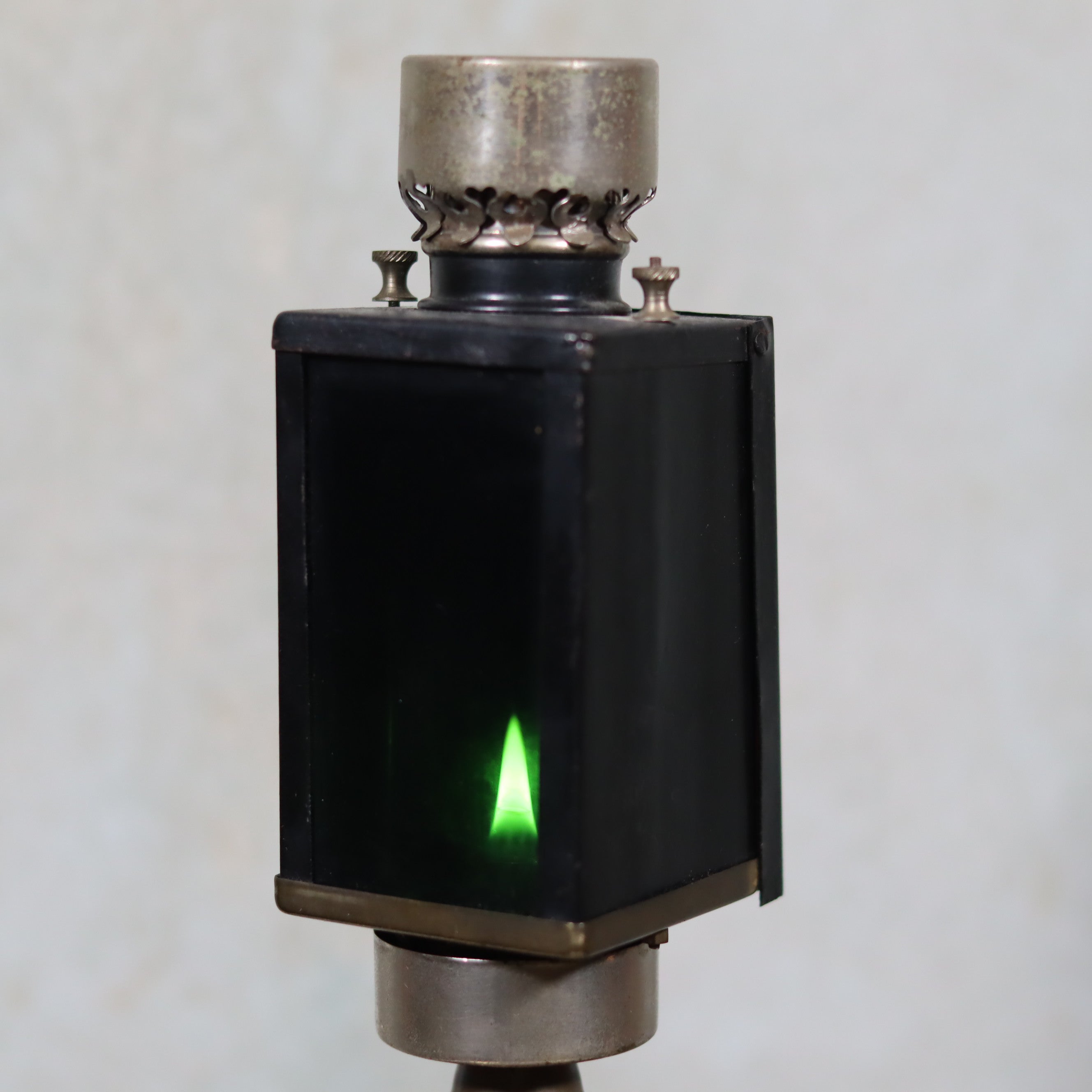 Rare Darkroom Oil Lamp – Pigeon Lamp with “Lampe Junius” Attachment – Excellent Condition showing lit green flame