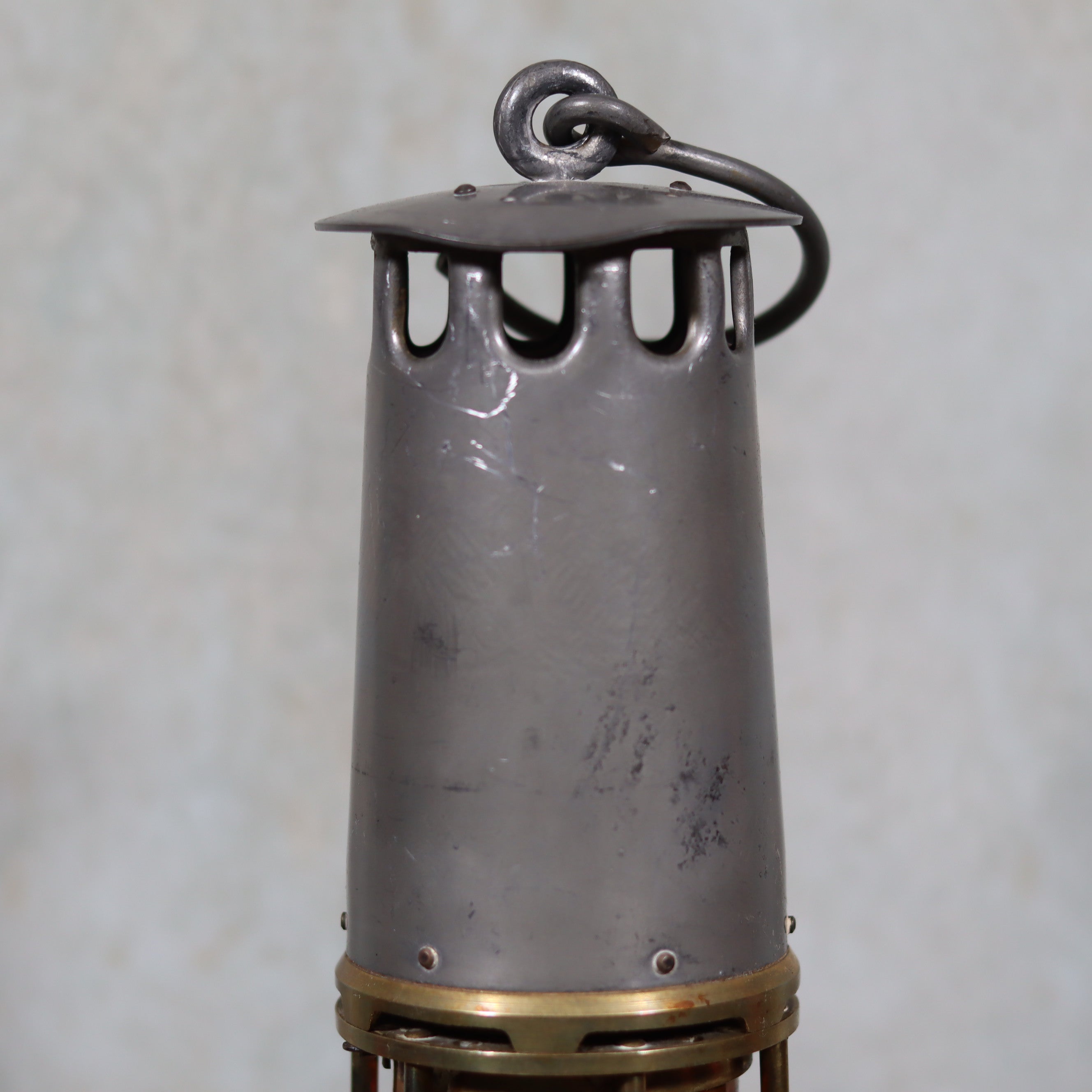 Beautiful, Almost Unused Miner’s Lamp by Hubert Joris (ca. 1900) with Val St. Lambert Glass oil lamp detail close-up