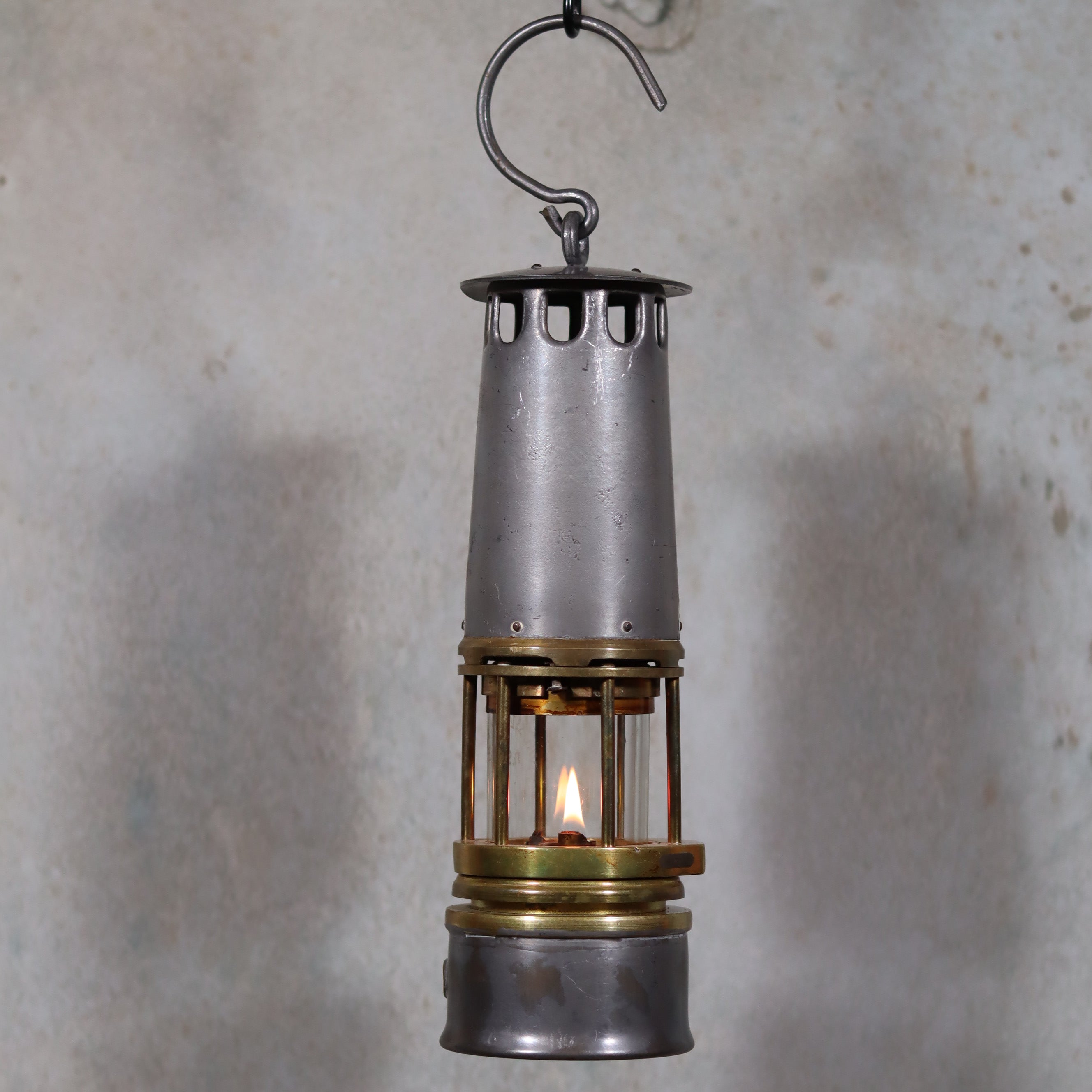 Beautiful, Almost Unused Miner’s Lamp by Hubert Joris (ca. 1900) with Val St. Lambert Glass showing lit oil lamp details