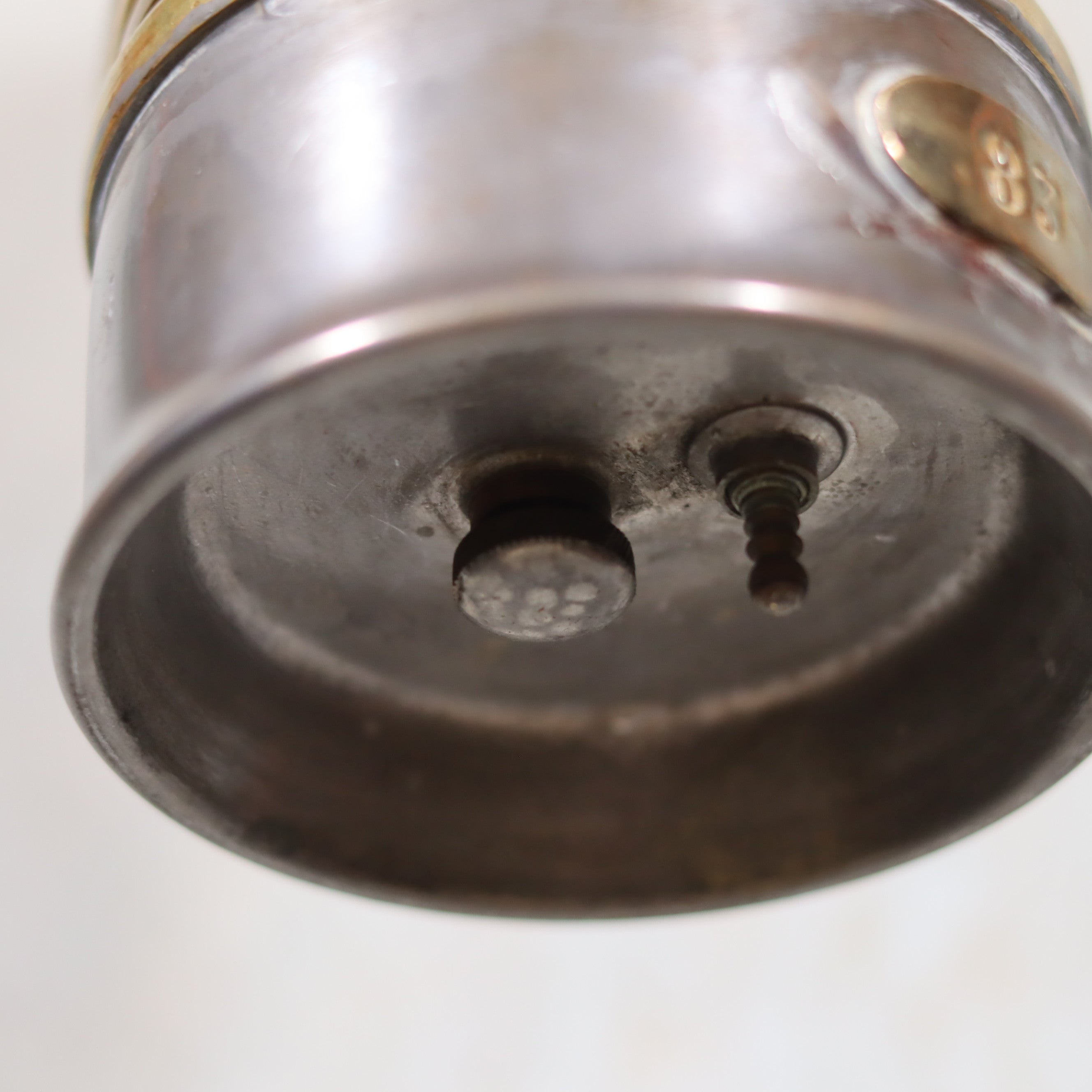 Bottom view of Beautiful, Almost Unused Miner’s Lamp by Hubert Joris (ca. 1900) with Val St. Lambert Glass showing metal base details