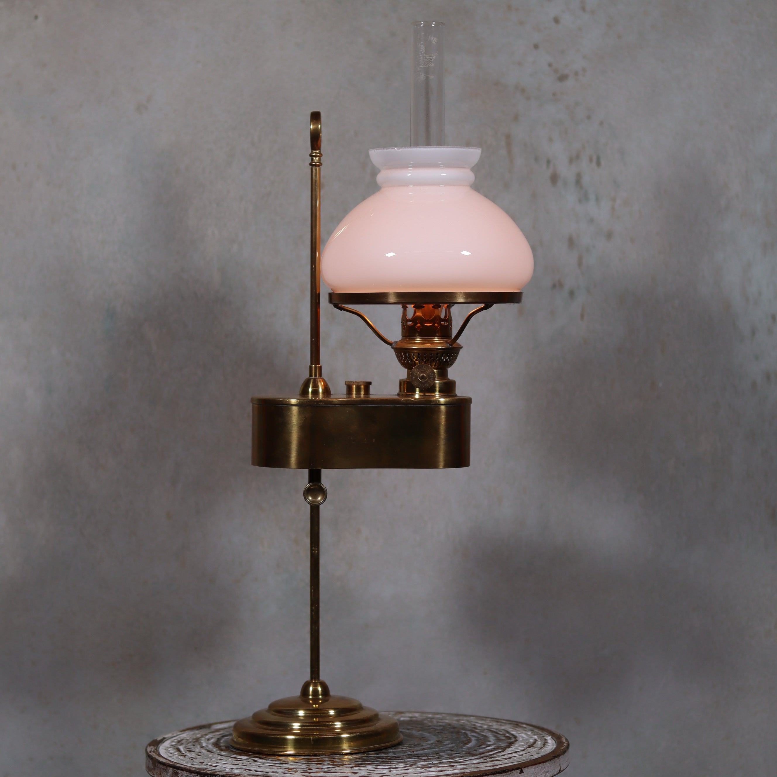 Rare and Elegant Brass Oil Lamp with Rising Glass and White Opal Shade – Adjustable Height – 1930s on decorative table