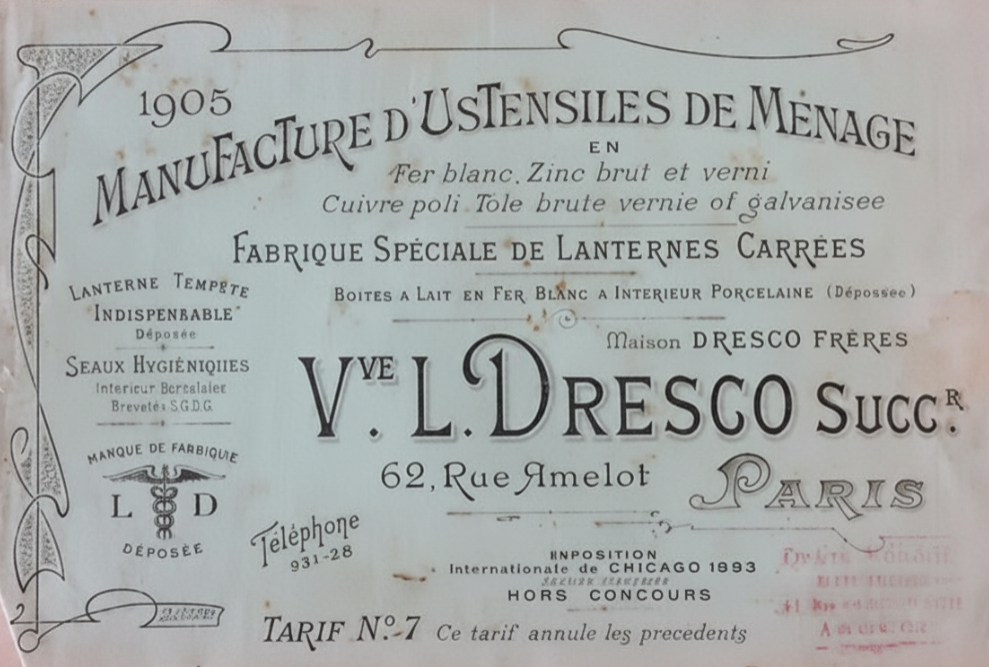 Vintage 1905 advertisement for V.L. Dresco oil lamps featuring different materials and hygienic features.