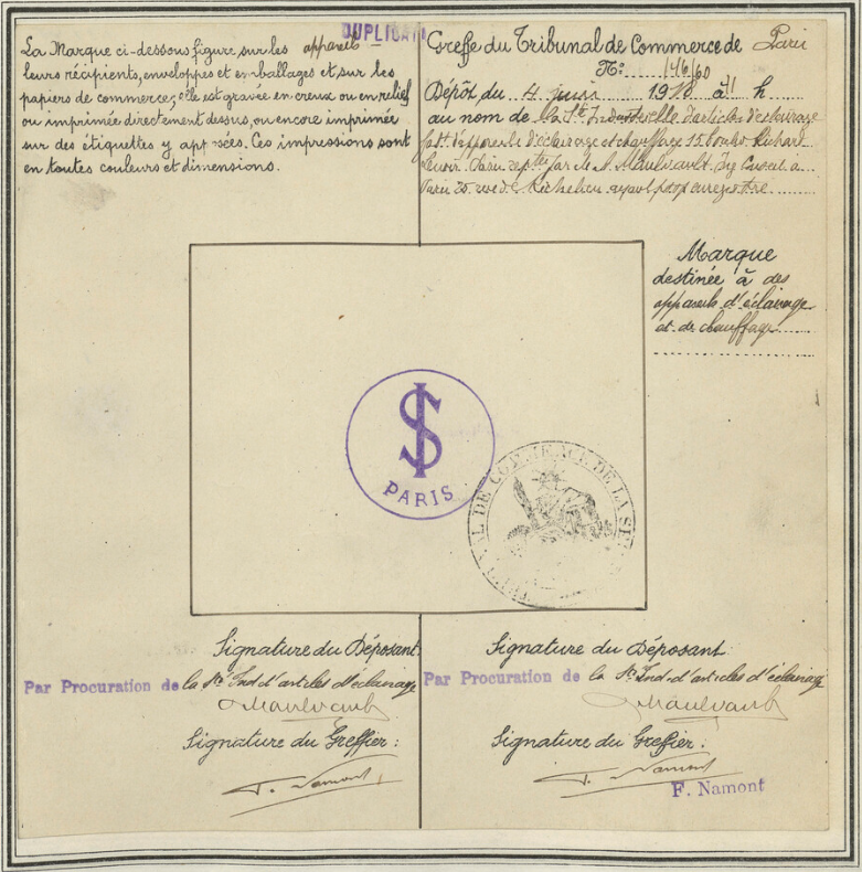 vintage oil lamp trademark with dollar sign and Paris stamp on aged handwritten document