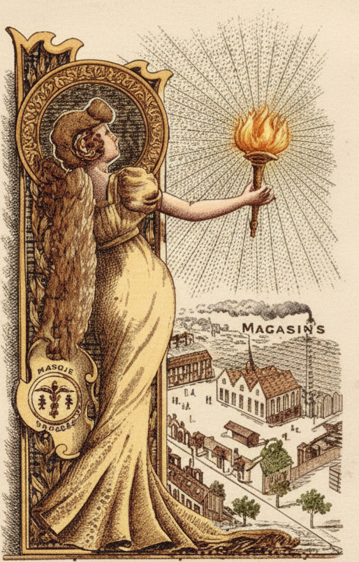 Art Nouveau style illustration of a woman holding an ornate oil lamp with the brand name masojá engraving.