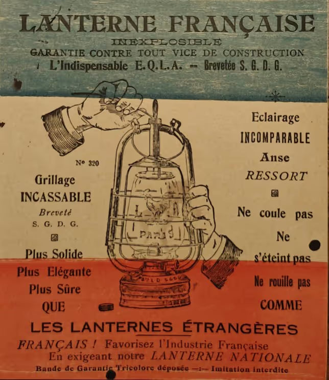 Vintage illustration of a French oil lamp labeled Lanterne Française with detailed parts and features shown