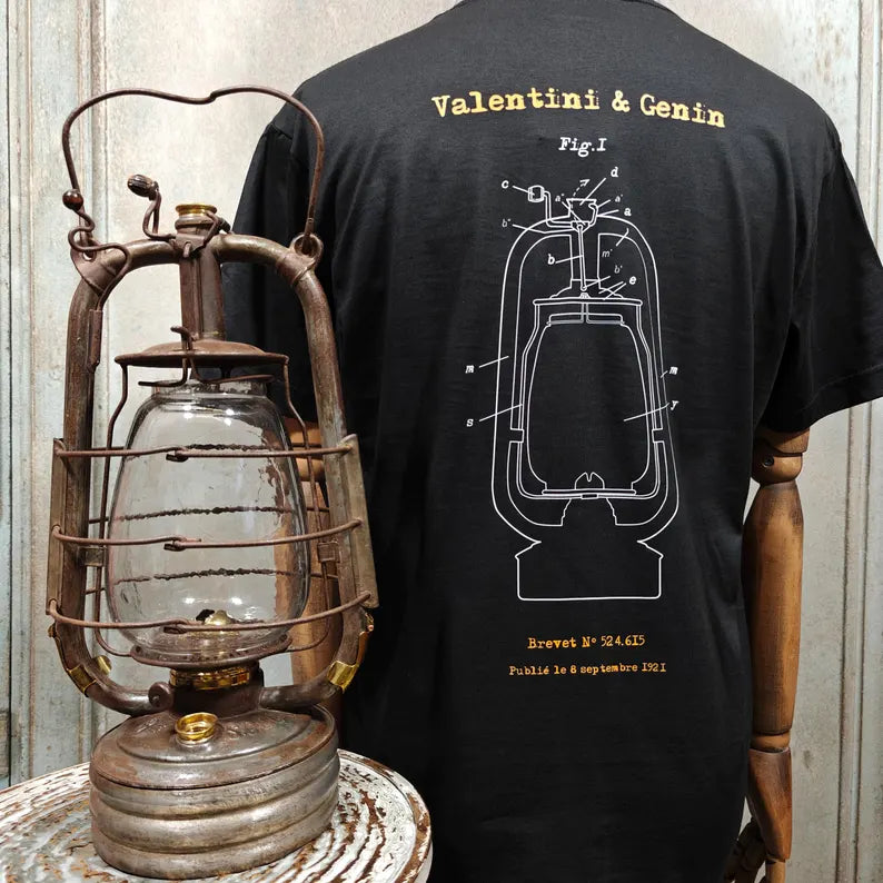 Valentini & Genin T-Shirt — Vintage Storm Lamp Design with 1921 Patent