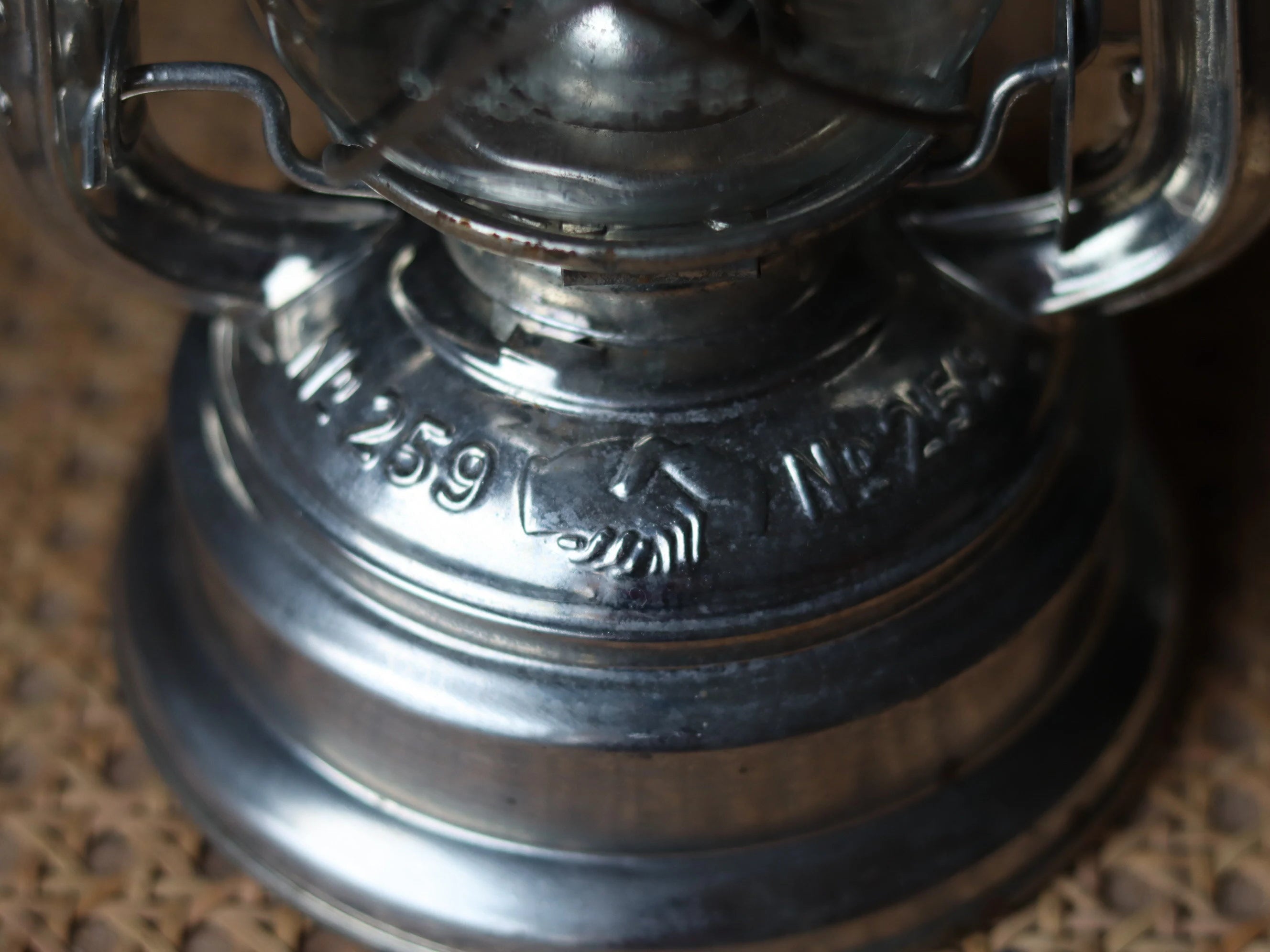 Rare New Old Stock Mewa Hurricane Lantern – BAT 259 (1970s/80s) showing metal base with engraved model details