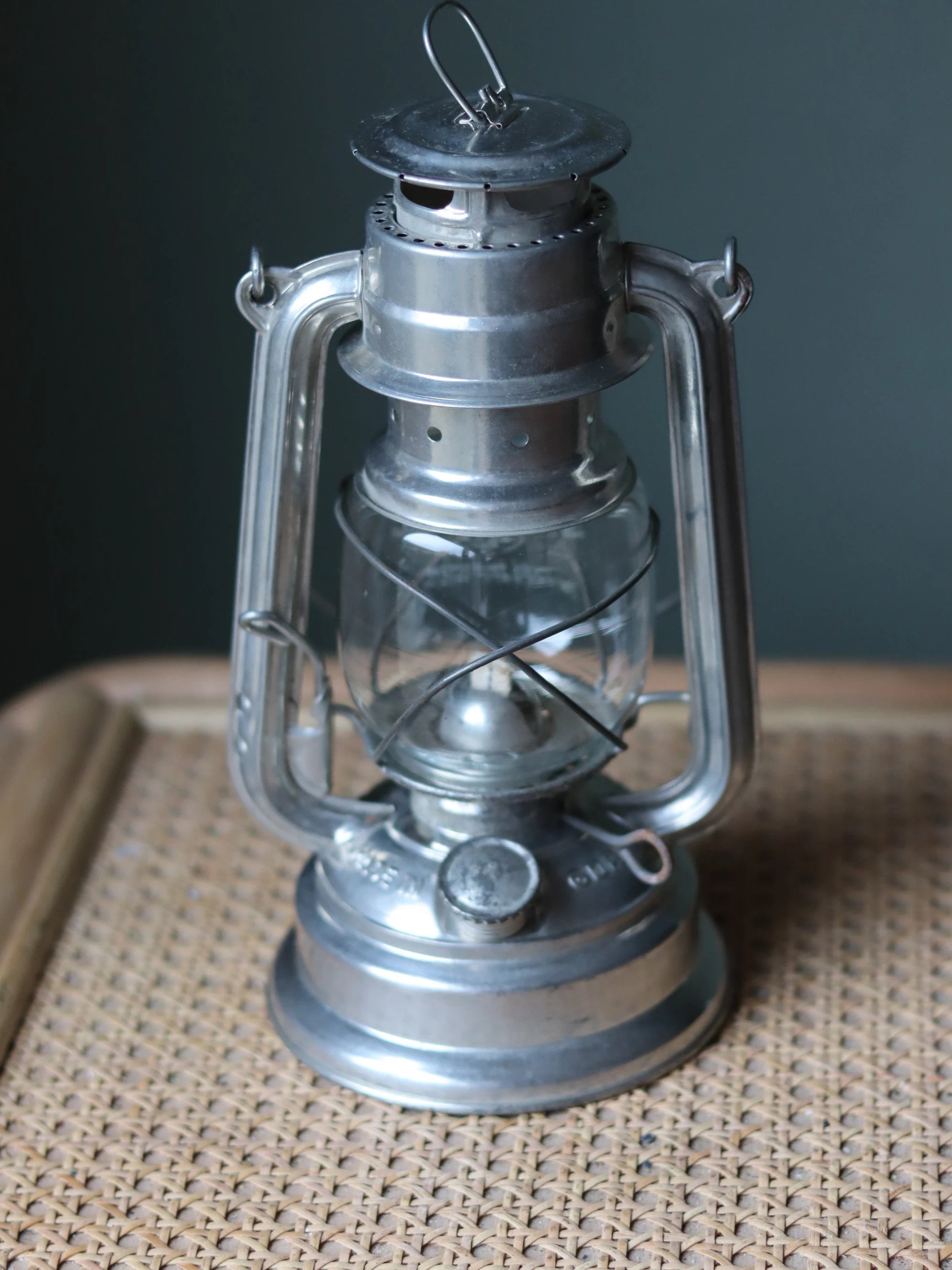 Rare New Old Stock Mewa Hurricane Lantern – BAT 259 (1970s/80s) vintage metal oil lamp with glass globe on woven surface
