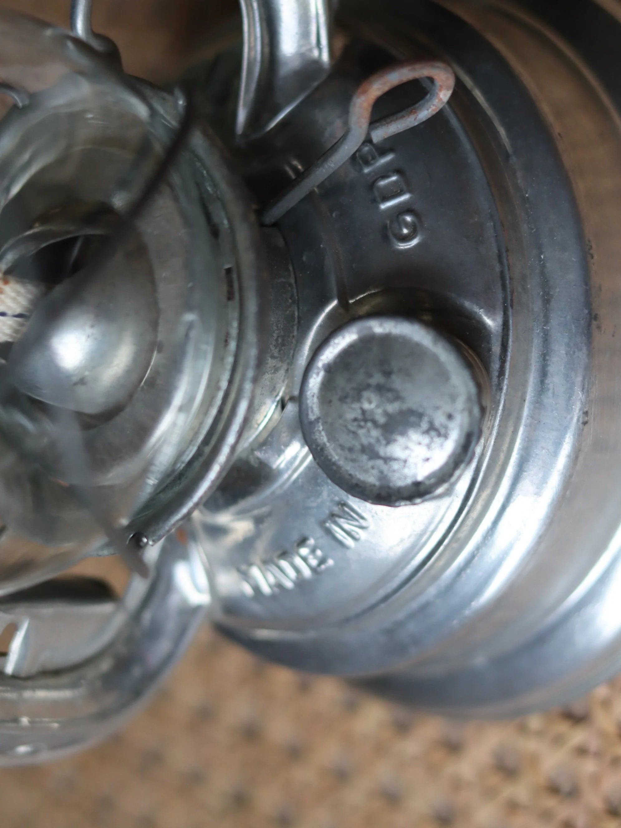 Close-up of Rare New Old Stock Mewa Hurricane Lantern – BAT 259 (1970s/80s) showing metal details and oil lamp features